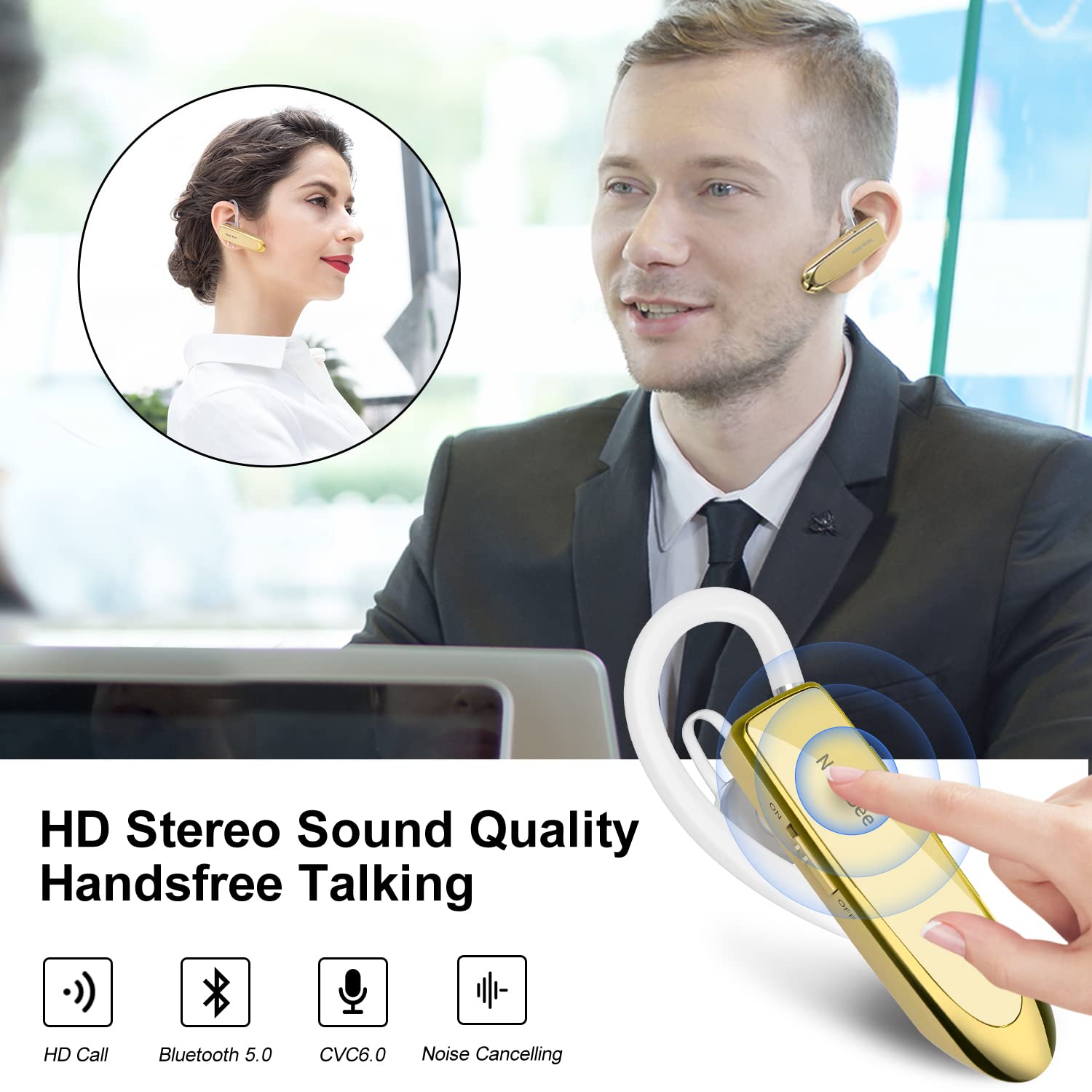 New bee Handsfree Bluetooth Earpiece, Wireless Bluetooth Headset with Microphone 60 Days Standby Headphones with Microphone for iPhone, Samsung, HTC, LG, Sony, PC (Black)