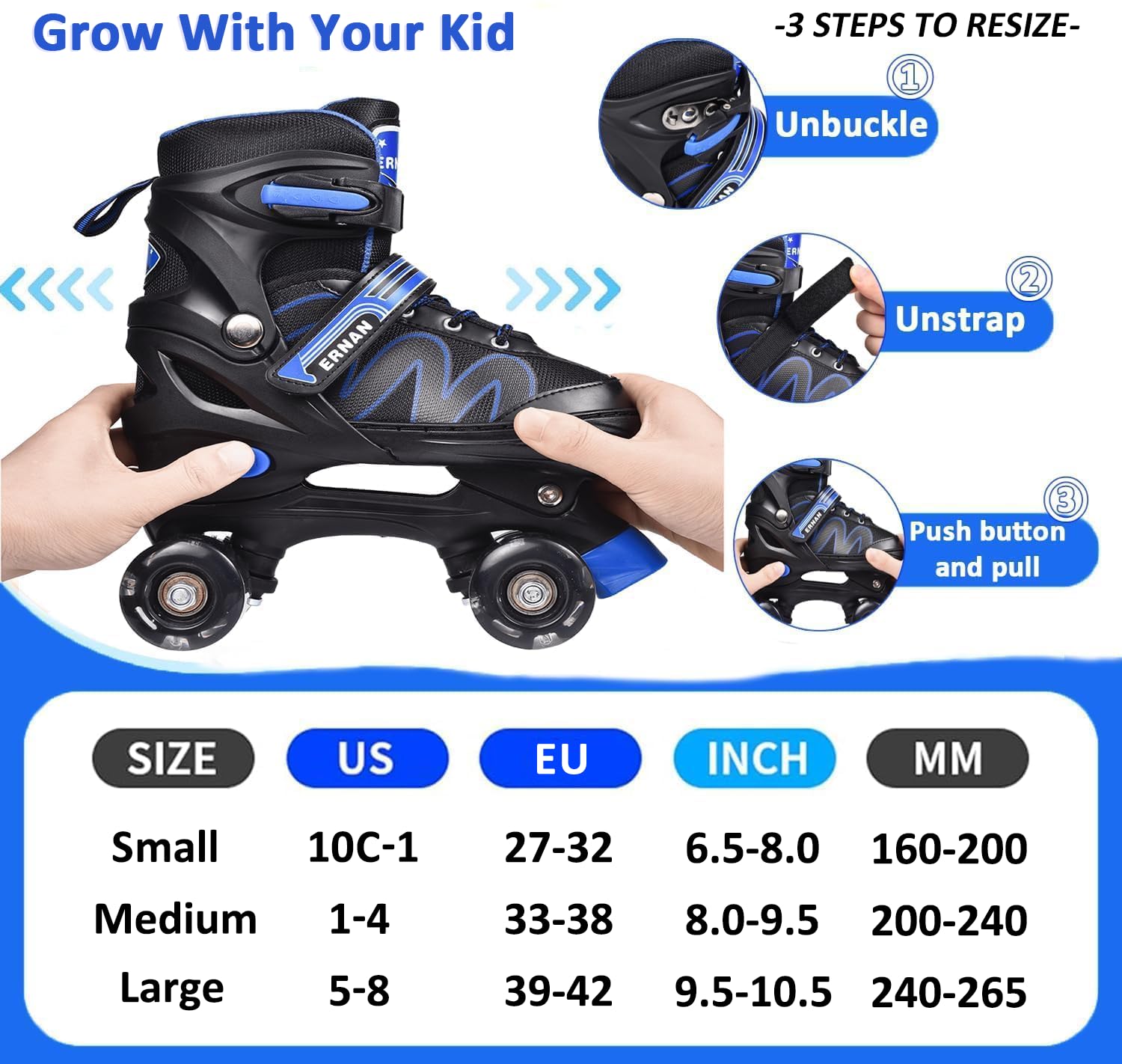 ERNAN Roller skates kids Roller boots,8 Light up Wheels and 4 Sizes Adjustable.Rollerskates for Kids Beginners, Suitable for Indoor Outdoor (BLUE, S)
