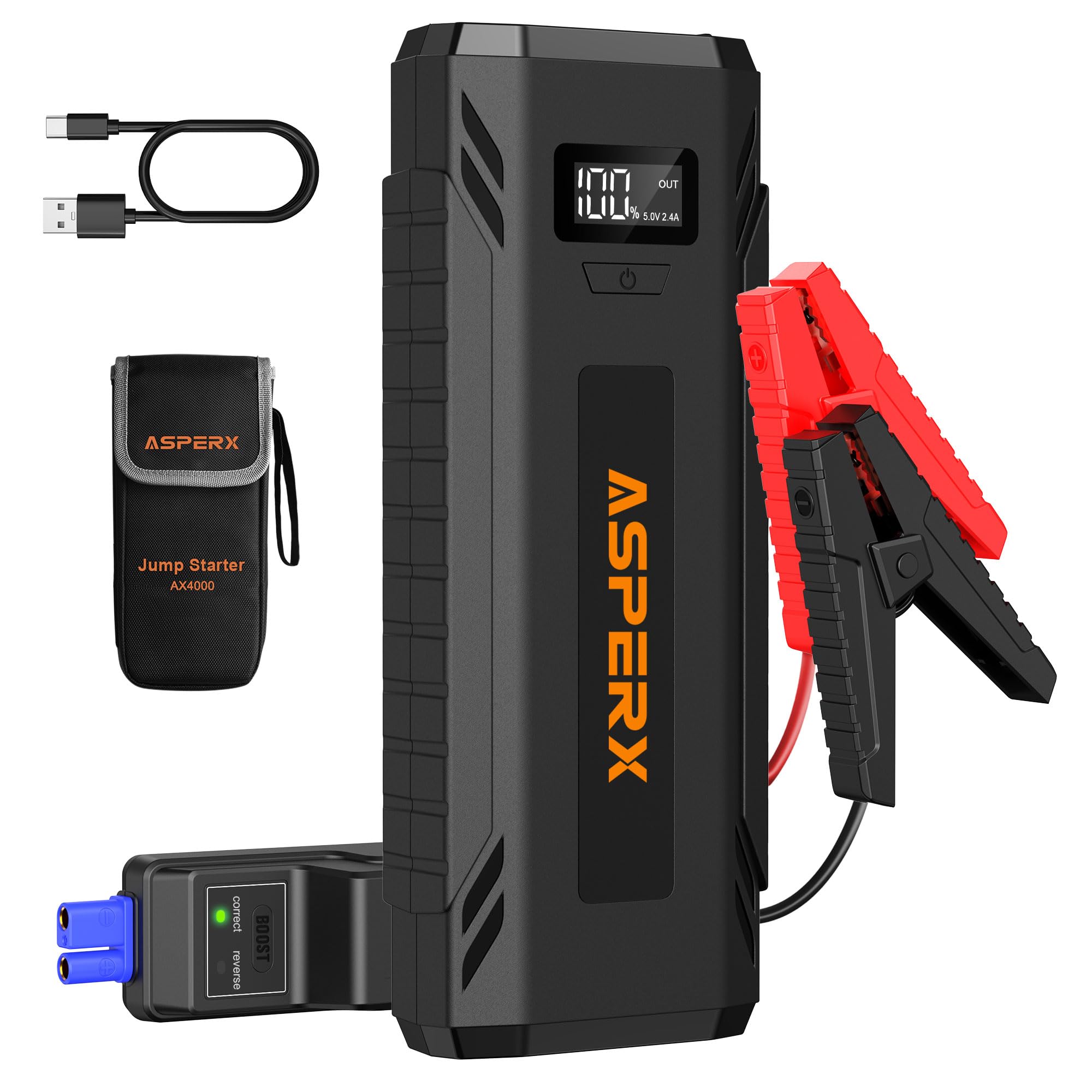 ASPERX 4000A Jump Starter Power Pack (up to All Gas or 10L Diesel Engine), 12V Car Battery Booster Pack Portable Jump Starter Power Bank with LED Display & USB-C for RV Truck SUV