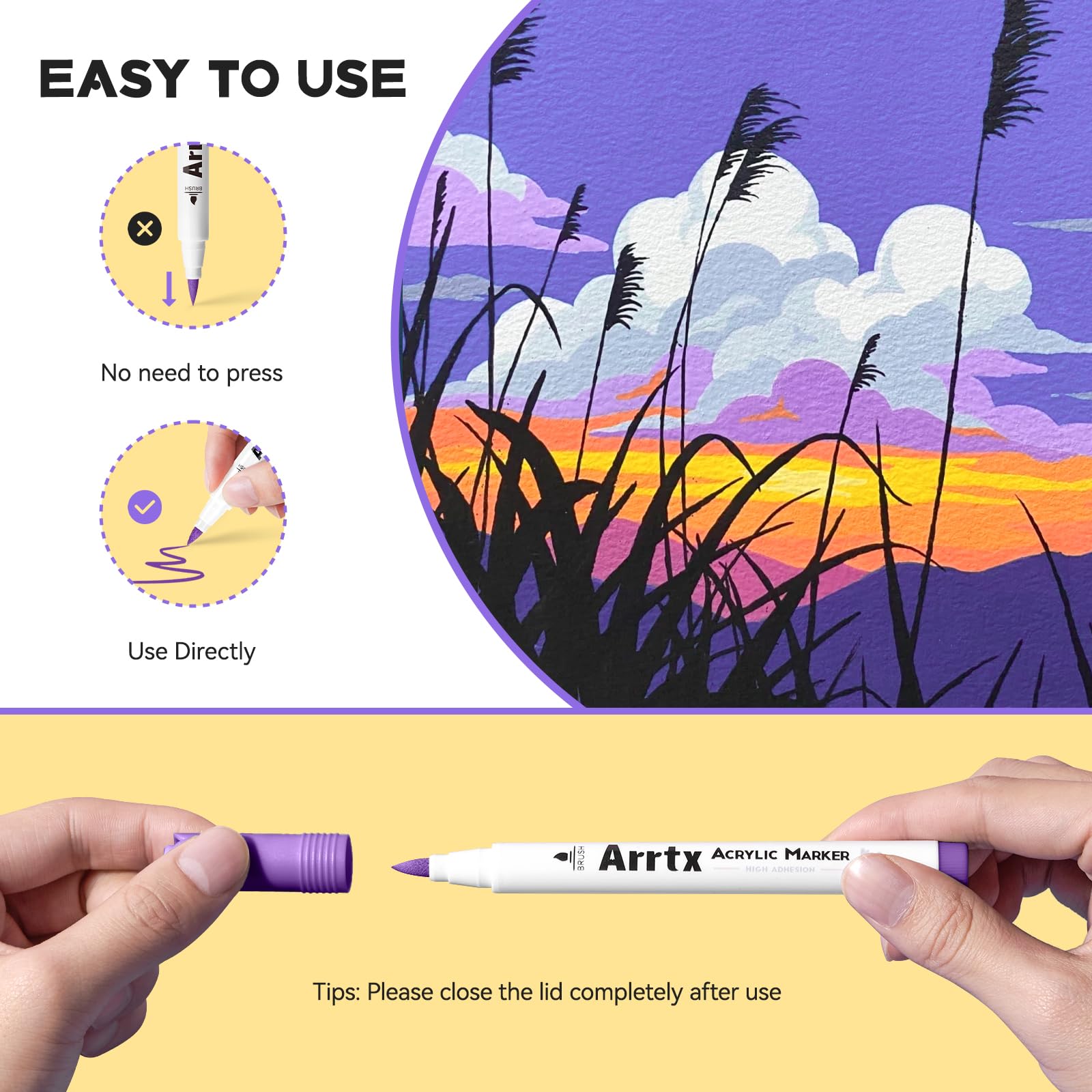 Arrtx Acrylic Paint Pen-48E Colors Acrylic Marker for Rock Painting, Brush Tip Paint Markers, Art Supplies, Fabric Paint, Fabric Markers, Waterproof