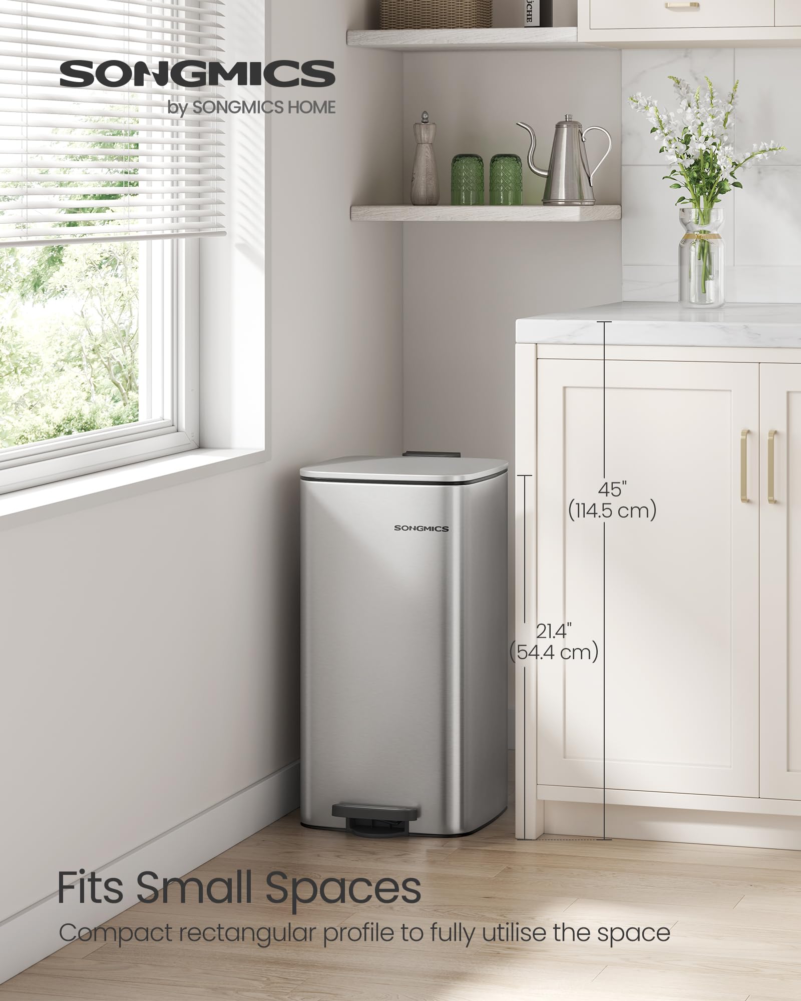 SONGMICS Kitchen Bin, 8-Gallon (30 L) Trash Bin, Steel Pedal Bin, with Inner Bucket, Soft Close and Stays Open, Metallic Silver LTB593E01