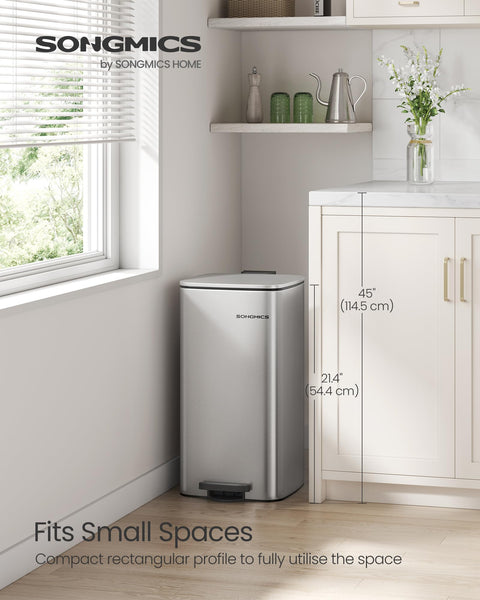 SONGMICS Kitchen Bin, 8-Gallon (30 L) Trash Bin, Steel Pedal Bin, with Inner Bucket, Soft Close and Stays Open, Metallic Silver LTB593E01