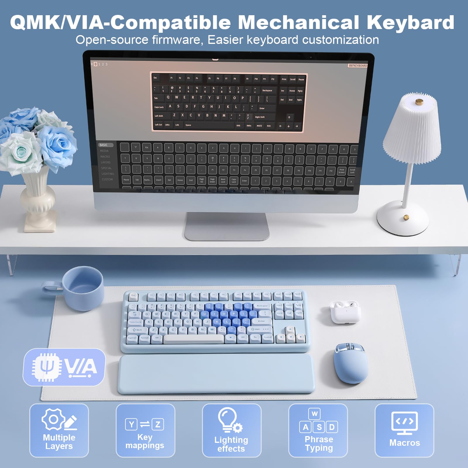 YUNZII B87 Wireless Mechanical Keyboard,QMK/VIA Software Custom Gaming,Gasket RGB Keyboard with Cute MOA Keycaps,Wrist Rest,BT5.0/2.4G/USB-C NKRO for Win/Mac (butter, milk v2 linear)