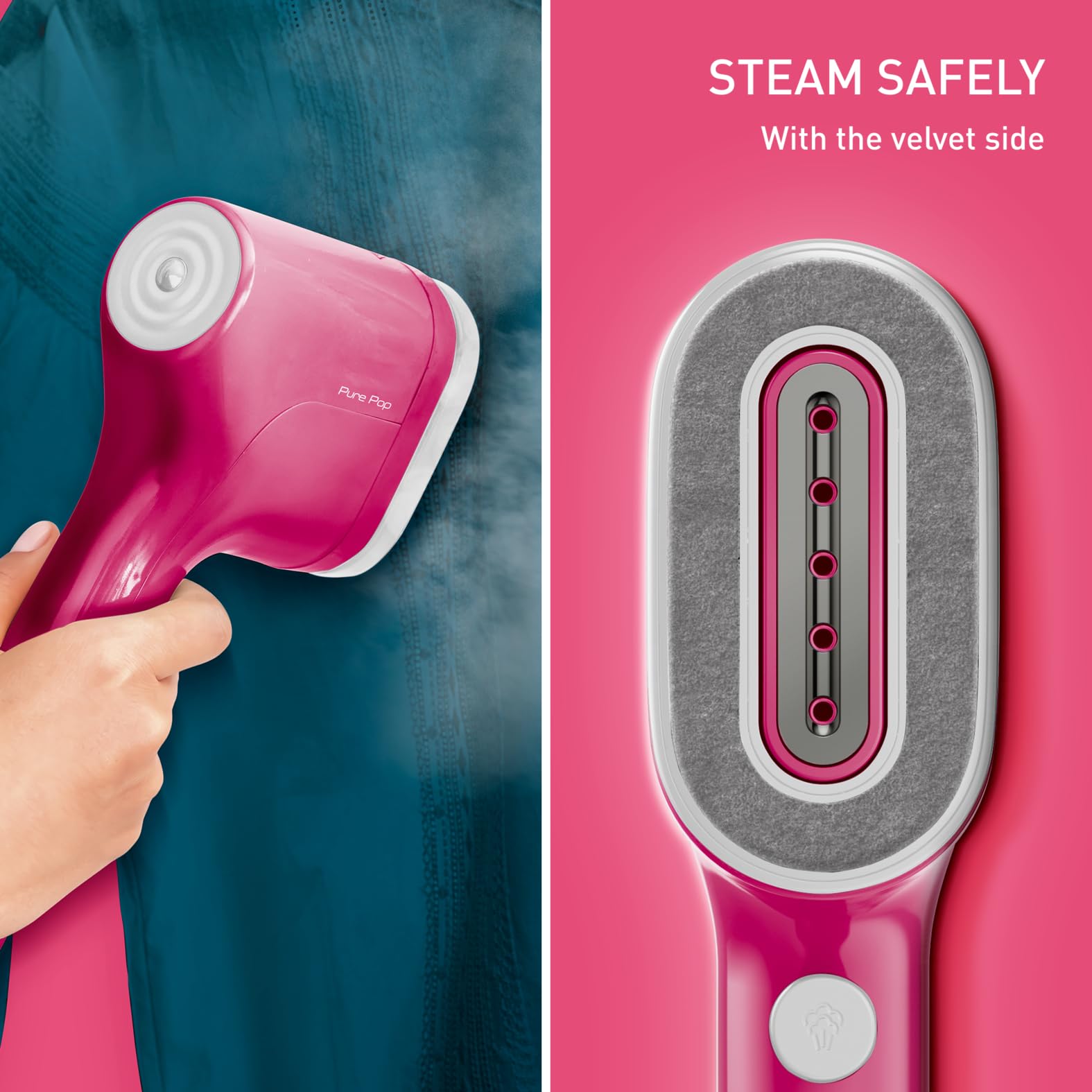 Tefal Pure Pop Slim Handheld Clothes Steamer, No Ironing Board Needed, Ready to Use in 15 Seconds, 70ml Detachable Water Tank, Travel Iron, Garment Steamer, Pink, DT2023