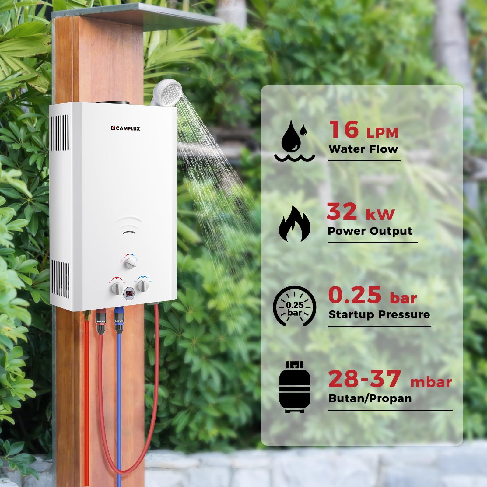 CAMPLUX Gas Water Heater 20 litres, Instant LPG Water Heater for Garden Shower, RV, Tiny House, ECO/Full Mode, BW Series BW528B