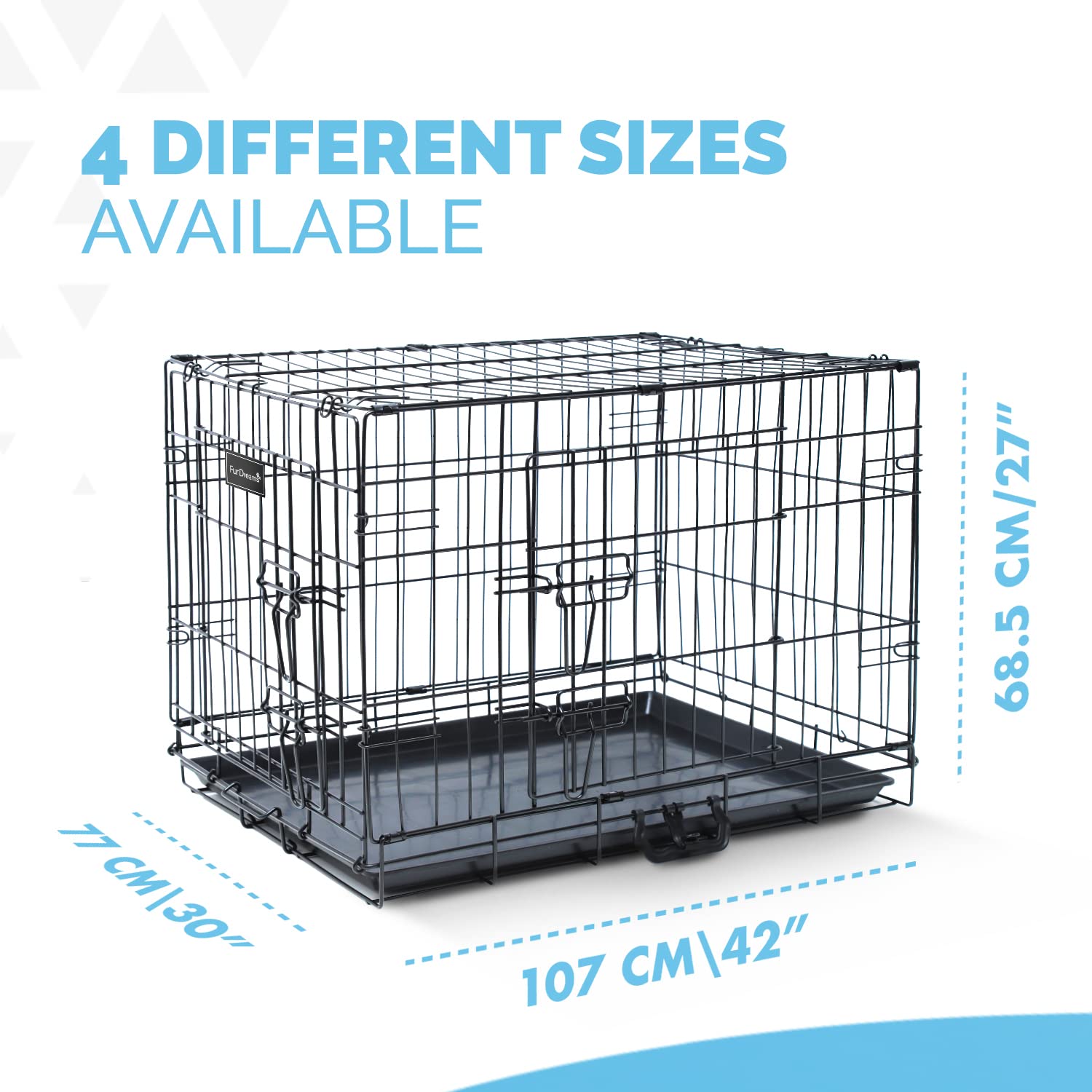 Furdreams 42-Inch Dog Cage Crate – Heavy Duty Black Metal Folding Crate with 2 Doors (Front & Side), Chew-Resistant Plastic Base Tray, and Carrier Handle – Ideal for Puppy Training (107 x 68.5 x 77cm)