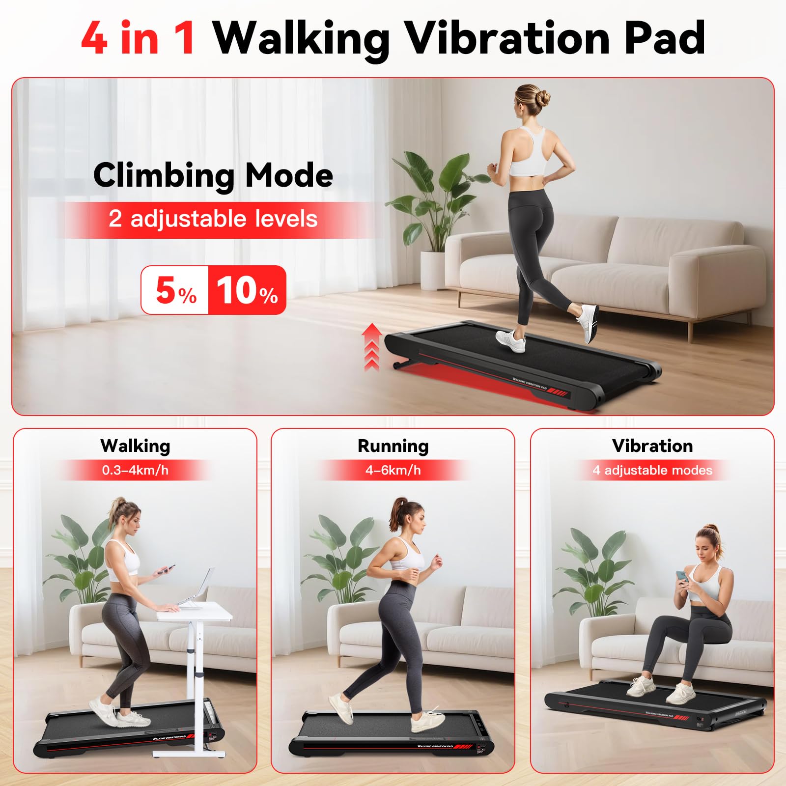 Lysole 4 in 1 Walking Vibration Pad, Under Desk Treadmill, 4 Vibration Modes, Portable Vibration Walking Pad for Homes and Offices