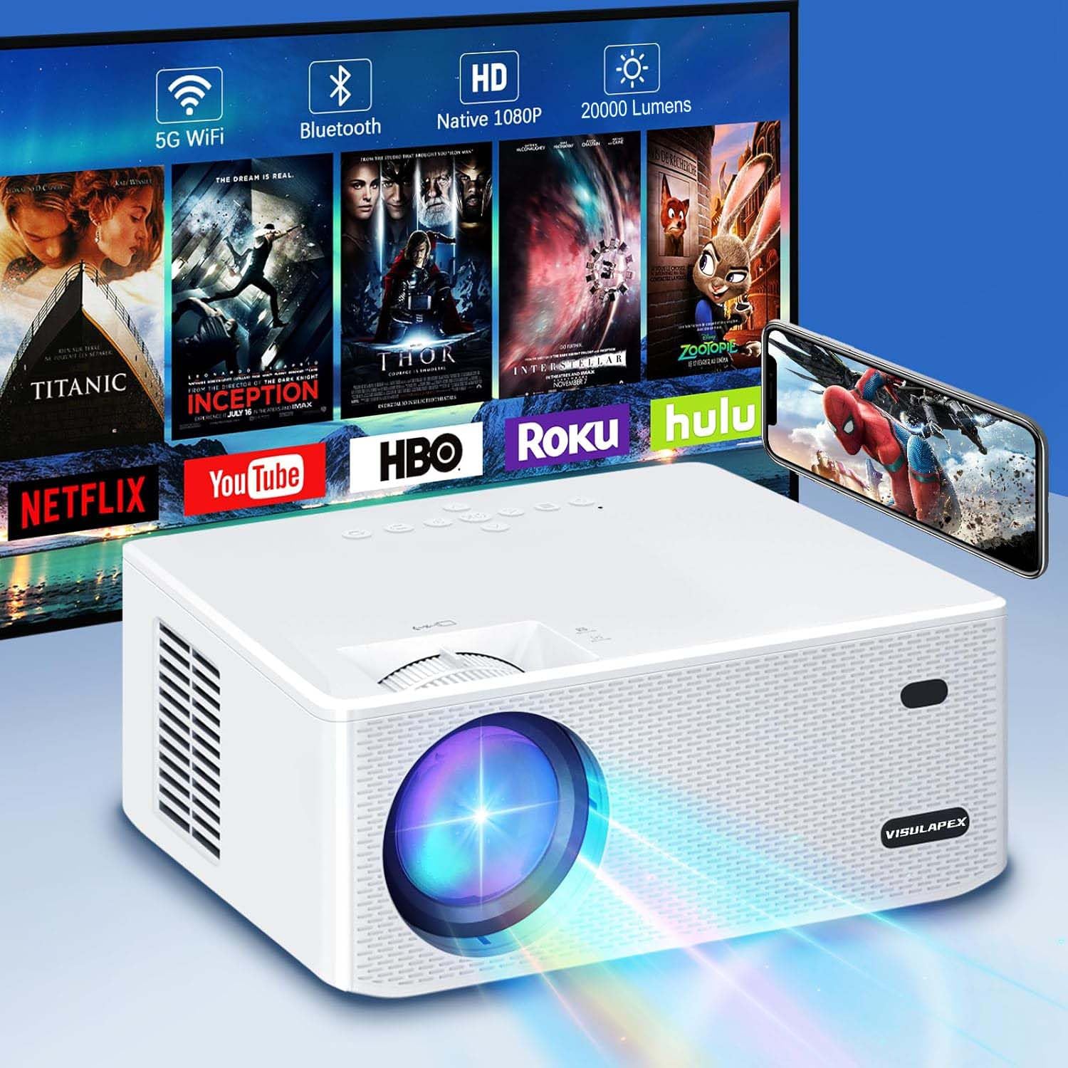 [360°Adjustable Stand] Mini Projector with WiFi and Bluetooth: Electric Focus & Auto Keystone 1080p Supported, 15000L,Phone Projector - 2025 Upgraded Visulapex Portable Home Theater