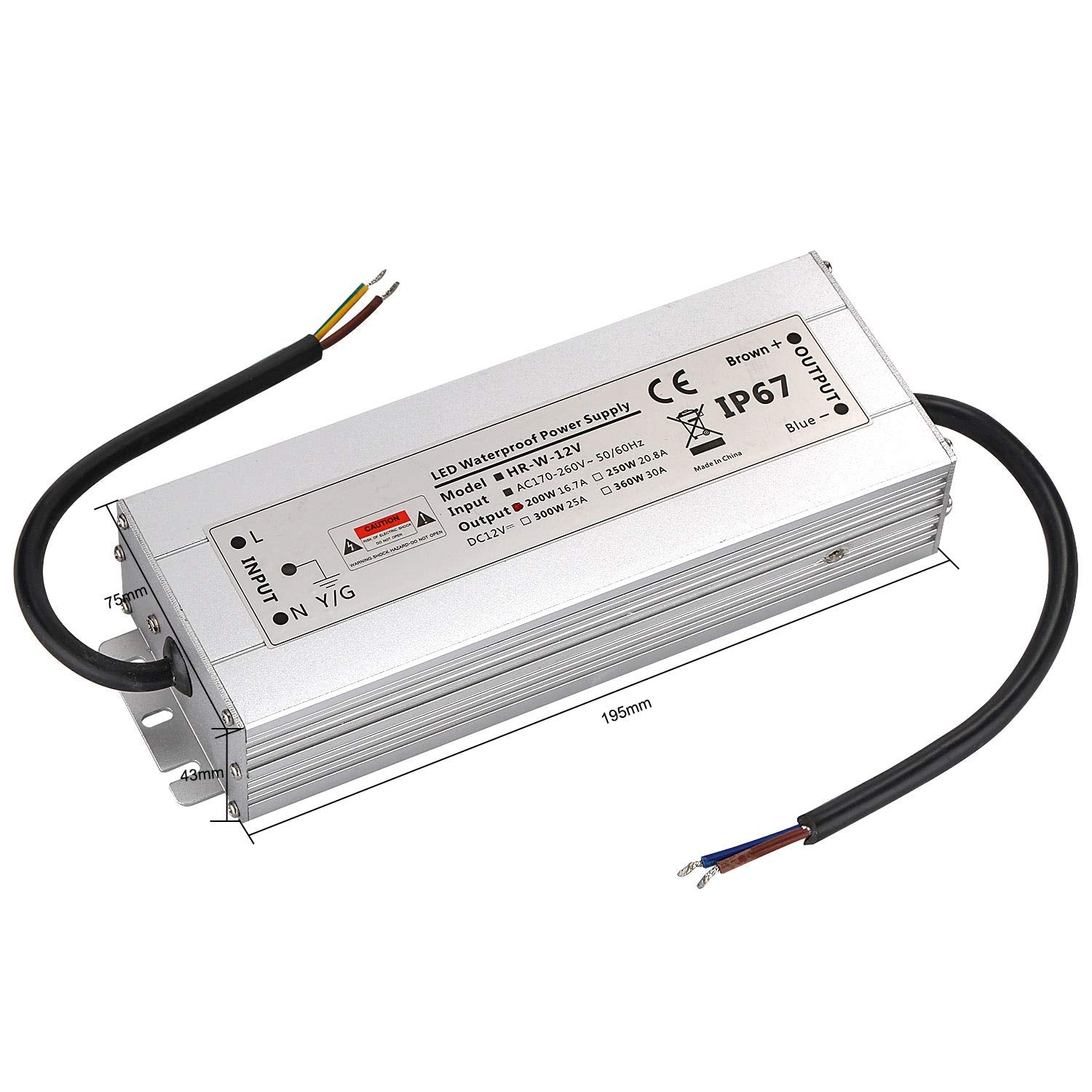 IP67 Waterproof Power Supply 12V, Low Voltage LED Driver 200W 16.7A