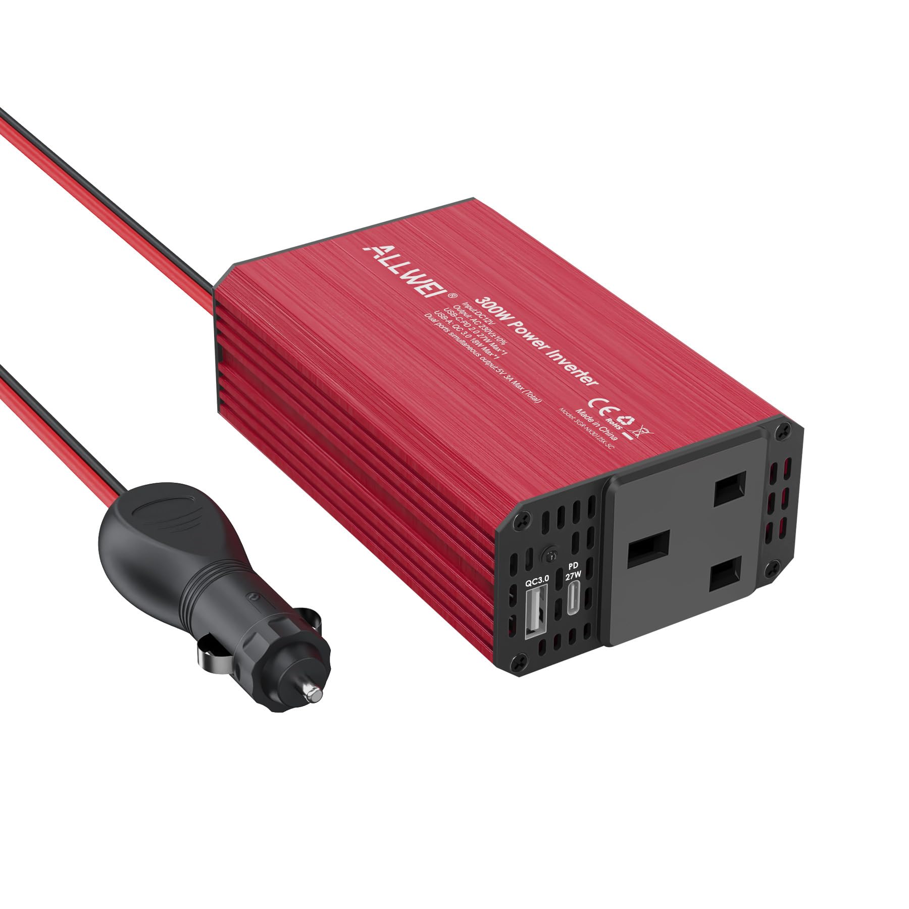 ALLWEI 300W Car Power Inverter with 27W USB-C and 3.0 USB Port - DC 12V to 240V / 230V AC Power inverters for Vehicles Converter Fast Charging Ports Car Charger Adapter (Red)