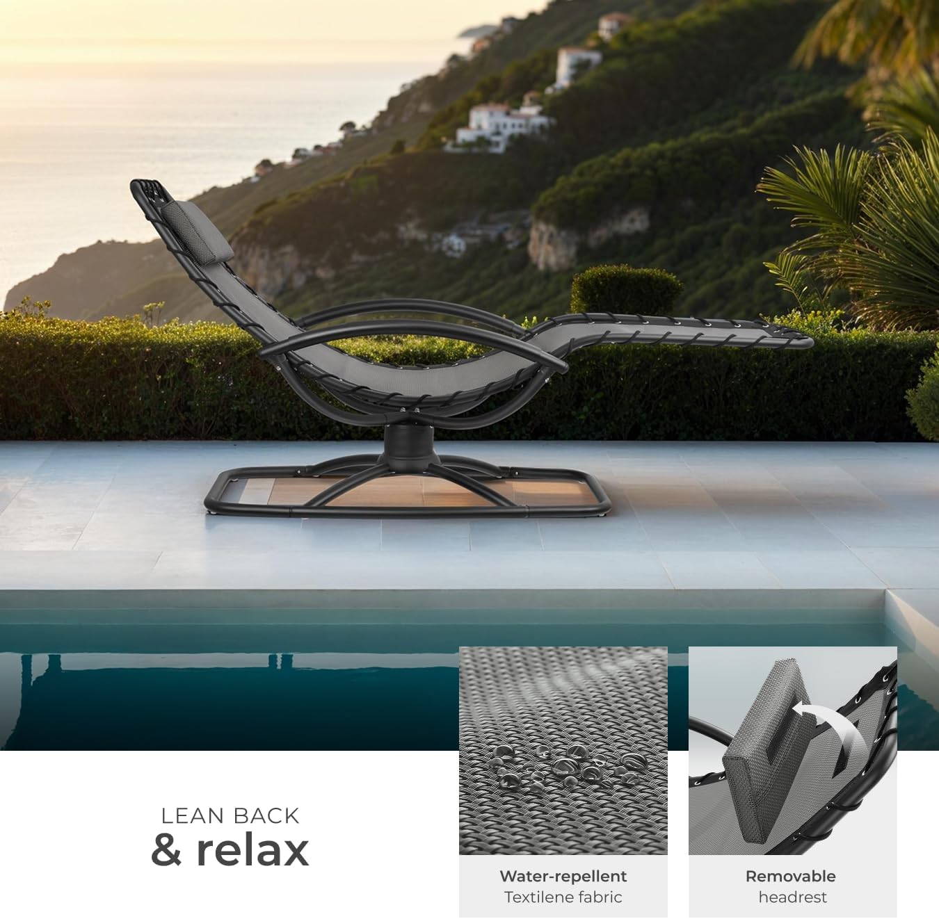 TecTake® Sun Lounger with Rocking Function, Ergonomic Garden Chair with Breathable Fabric, Thick Head Cushion, Curved Armrests & Sturdy Steel Frame, Outdoor Chair for Garden, Patio, Balcony - Grey