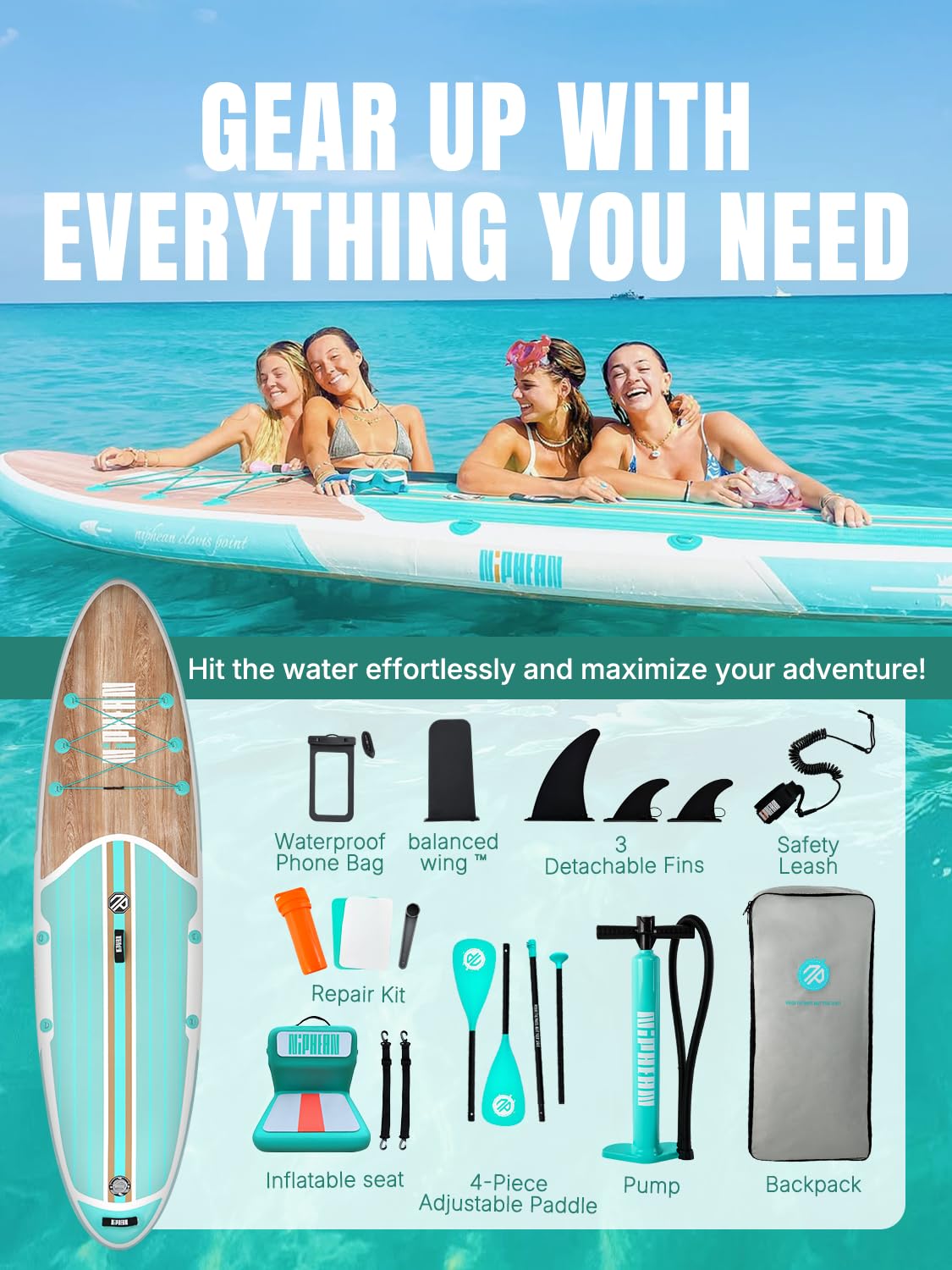 Niphean Inflatable Paddle Boards for Adults with All Accessories, 320cm Stand Up Paddle Board for All Skill Levels, SUP with 200kg Weight Capacity for 2 People, Inflatable Paddleboard with Seat