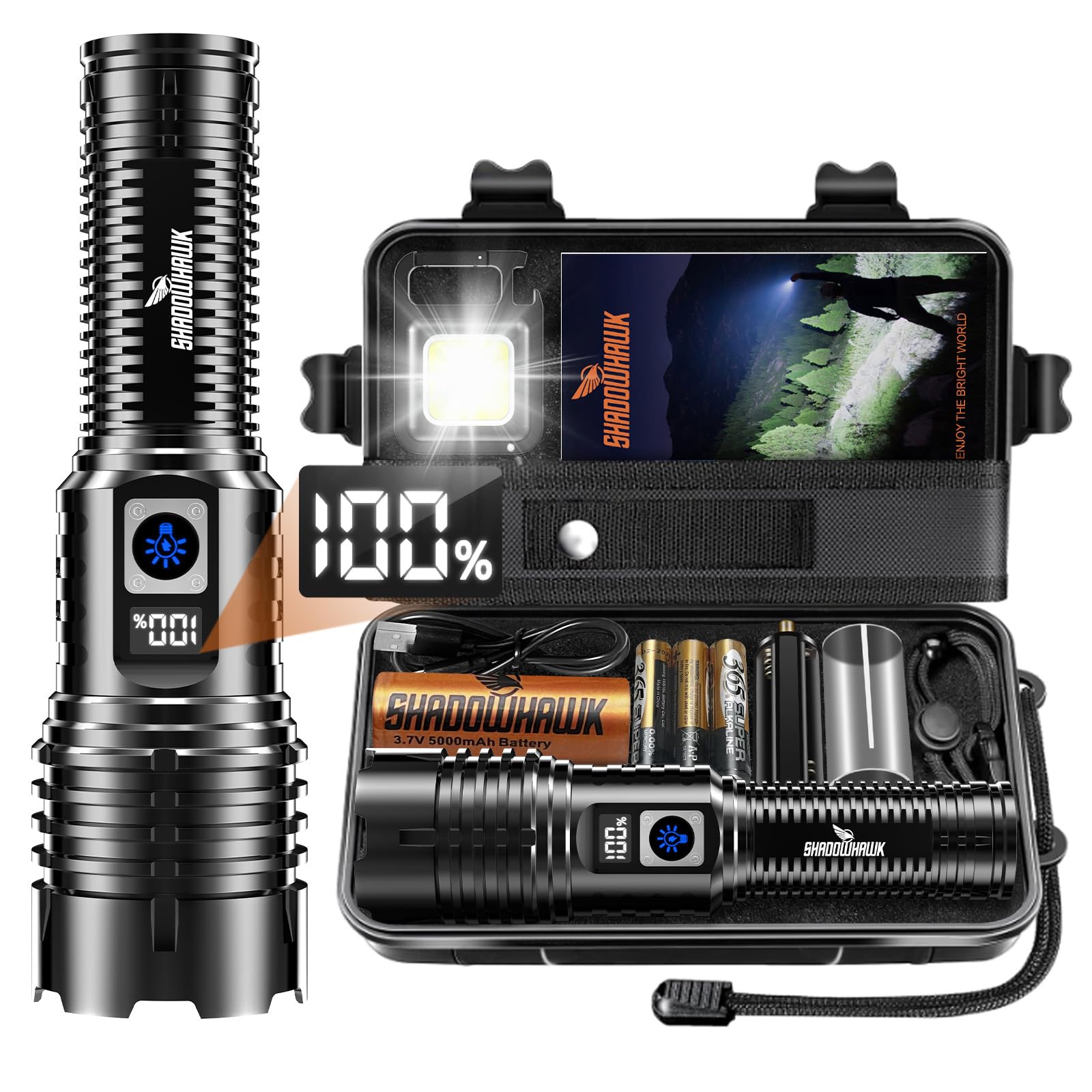 Shadowhawk Torches LED Super Bright Rechargeable, Flashlight 500000 Lumens XHM77.2 Torches Battery Powered, Powerful Tactical Flash Light Torch, USB Hand Torch for Dog Walking Camping Emergency Gift