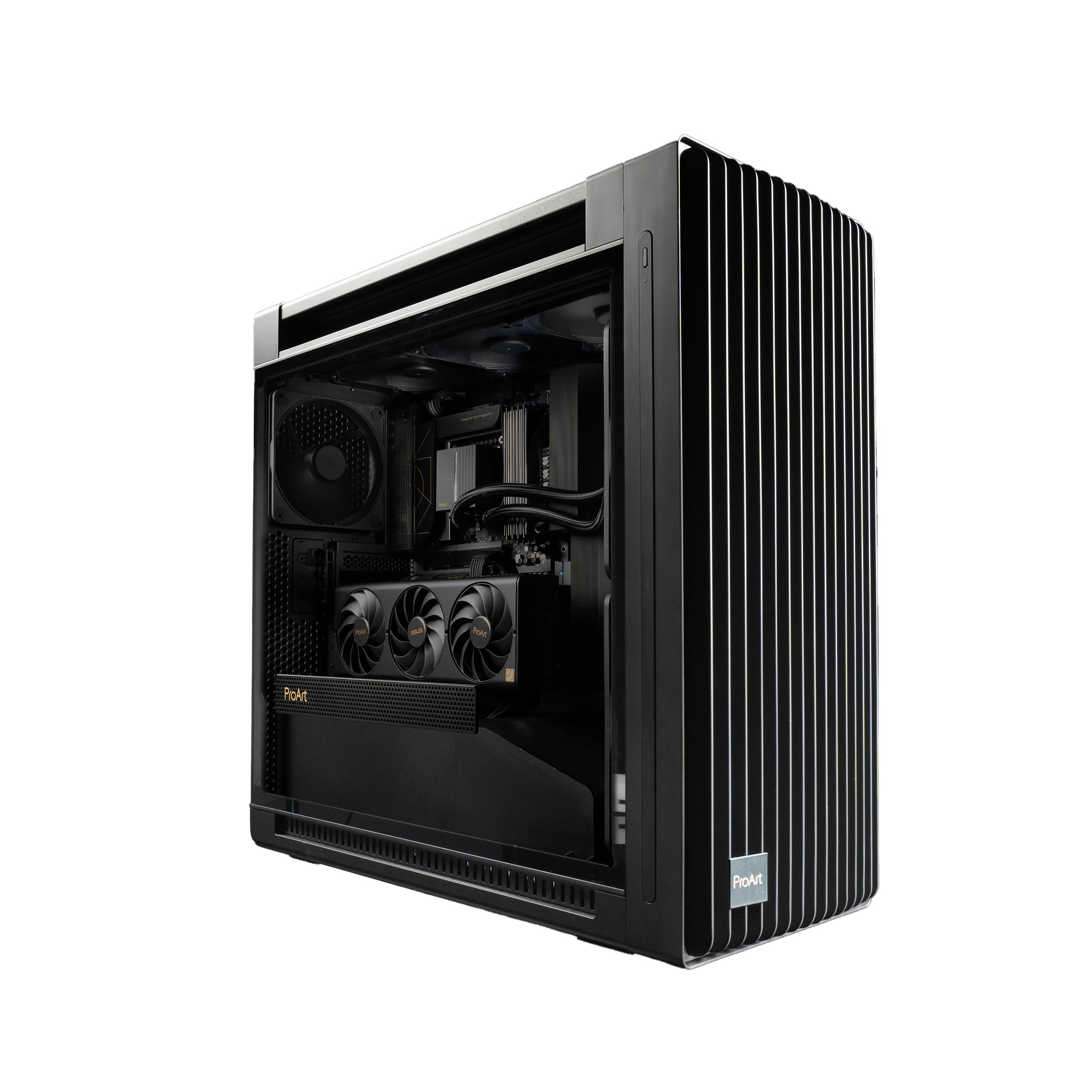 ASUS ProArt PA602 E-ATX computer case, 420 mm radiator support, one 140 mm and two 200mm pre-installed system fans, front panel IR dust indicator, power lock latch, tool-less PCIe mounting