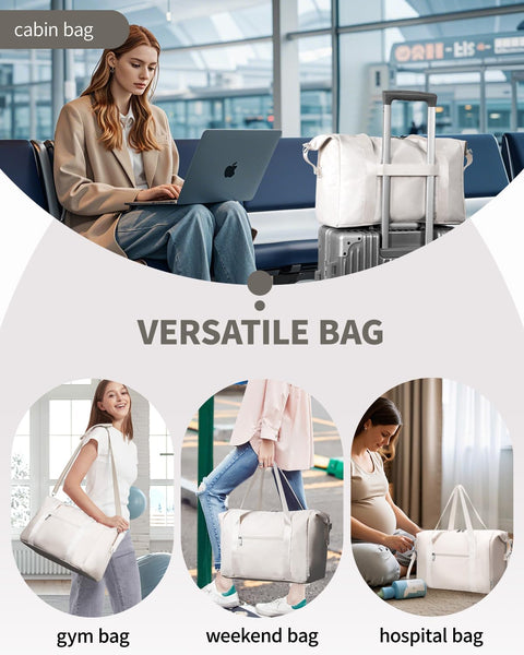 Narwey for Ryanair Cabin Bag 40x20x25 Underseat Ryan Air Bag Foladble Travel Duffel Hospital Carry on Hand Luggage Holdall Weekend Overnight Bag for Women and Men 20L (Beige with Green Straps)