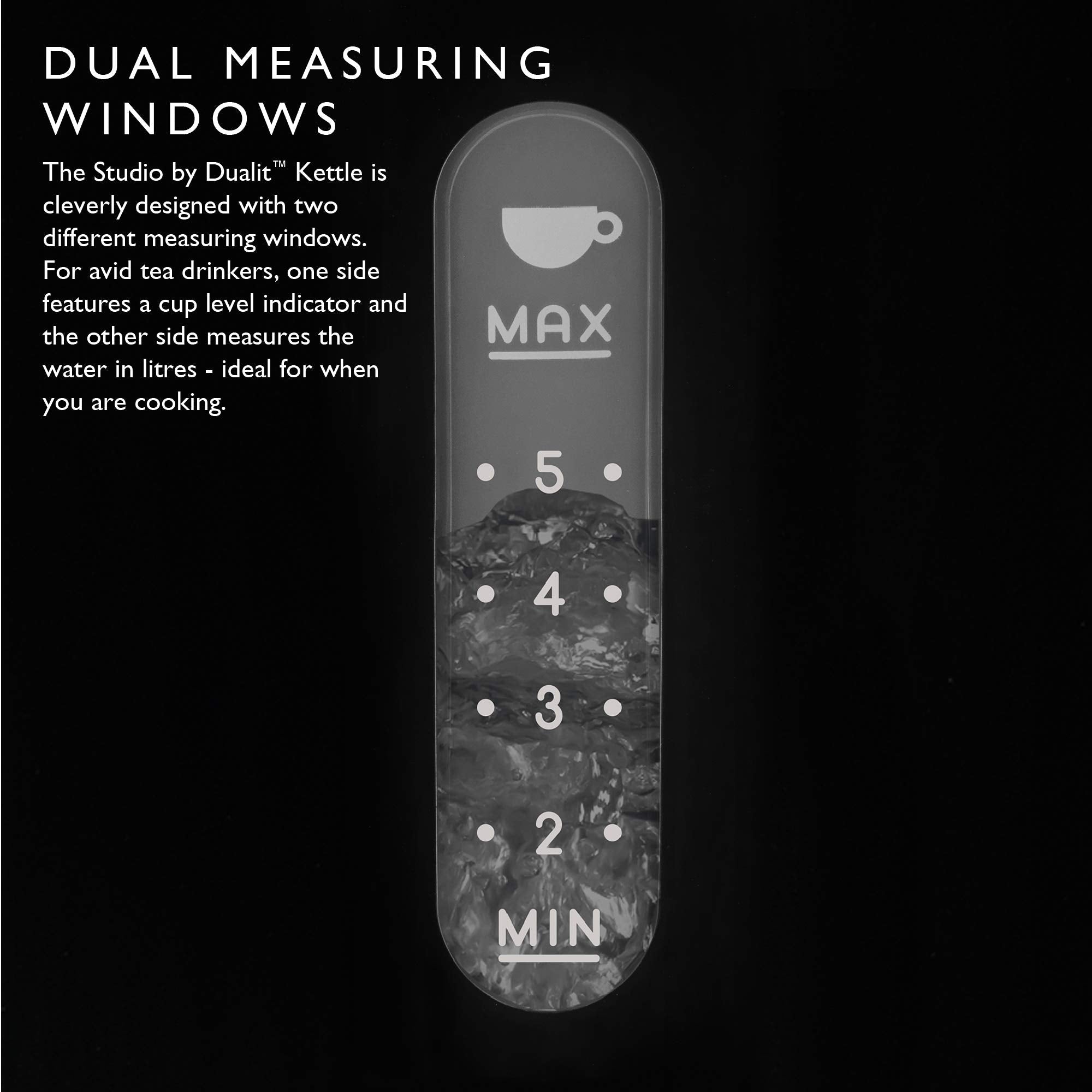 Dualit Studio Kettle | 1.5L 2.4KW Jug Kettle in Black with Polished Trim | Dual Measuring Windows | Fast Boiling BPA Free Kettle | Patented Sure Pour