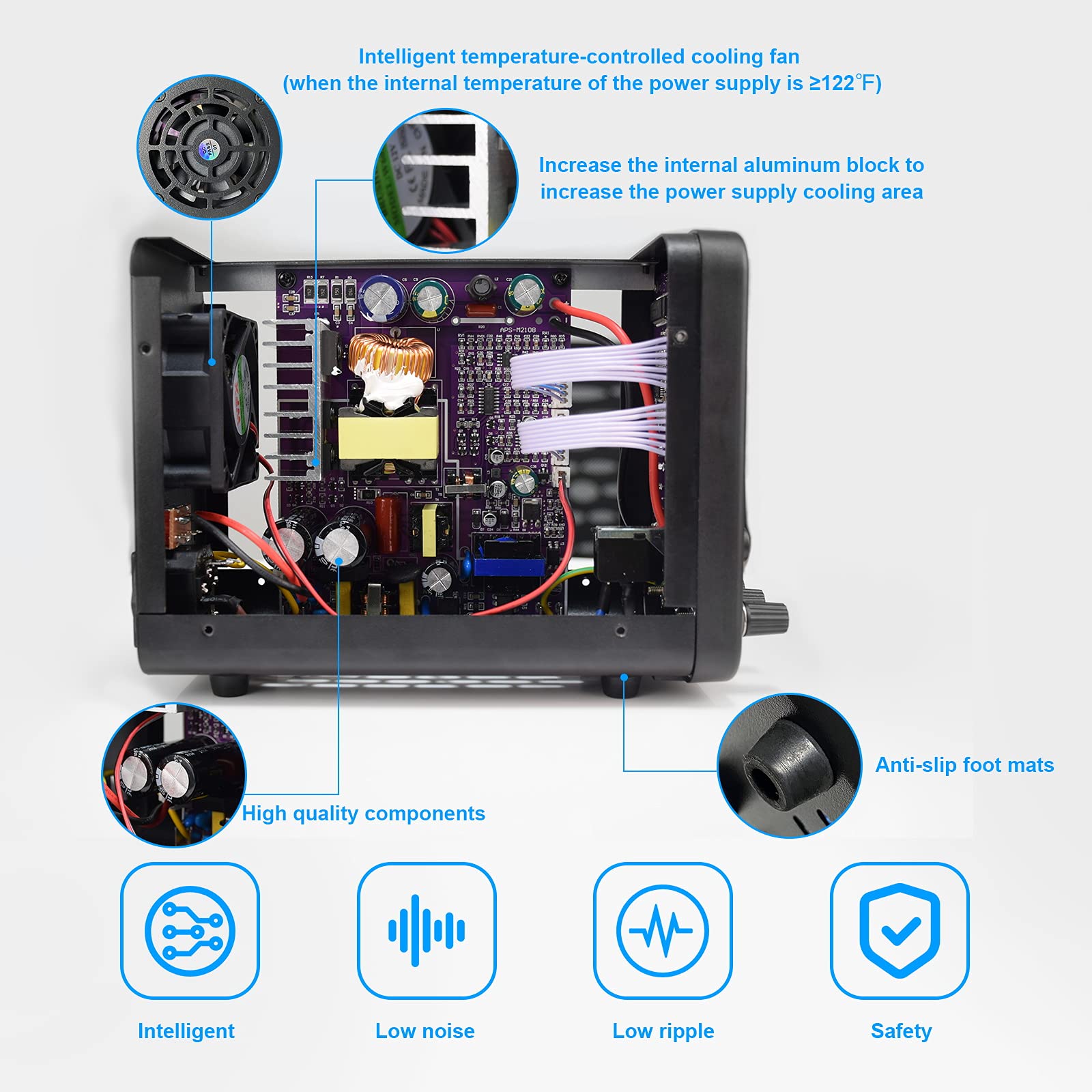 DC power supply (0-30V,0-10A) adjustable, switching power supplies, mini high precision 4-digit display with USB fast charging interface, variable lab bench power supply, output button/encoder knob