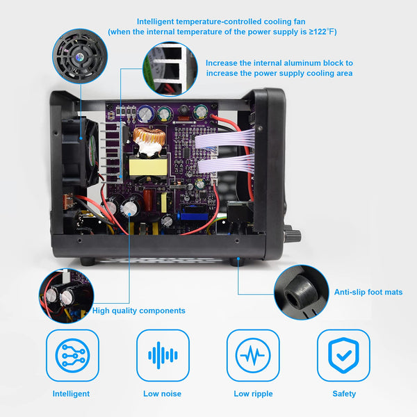 DC power supply (0-30V,0-10A) adjustable, switching power supplies, mini high precision 4-digit display with USB fast charging interface, variable lab bench power supply, output button/encoder knob