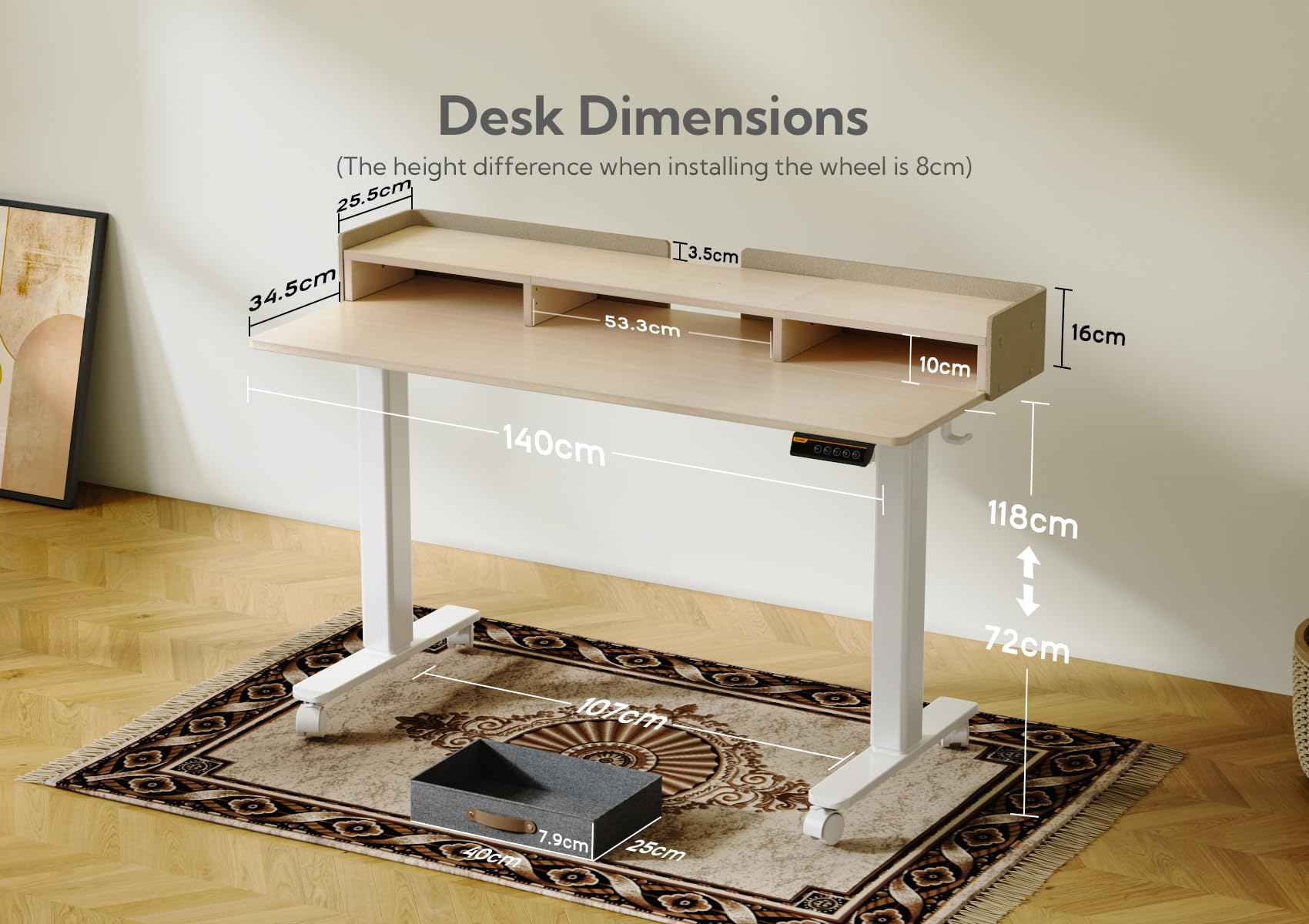 Claiks Electric Standing Desk with Drawers, 120x60cm Height Adjustable Desk with Storage Shelf and Splice Board, Stand Up Desk for Home Office, White Frame/Maple Top