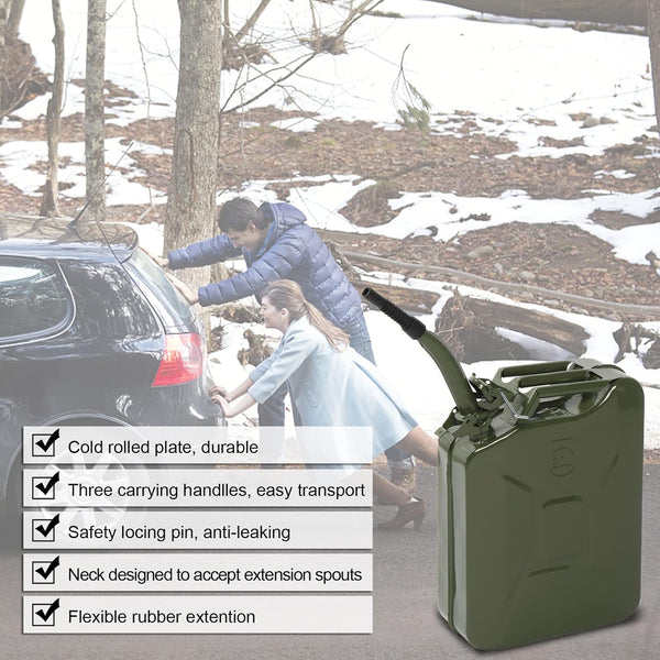Karlhome 20 Litre 5 Gallon Metal Gas Can Fuel Tank Can Petrol Diesel Storage Can Portable with Spout System, for Automobile Vehicle Off Road Emergency Supply, Green