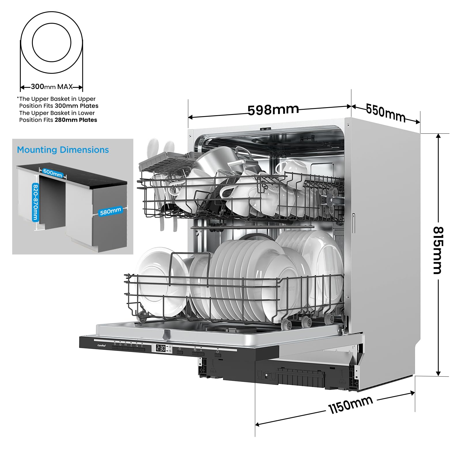 COMFEE' Freestanding Dishwasher CDWEF1034BW-UK 45cm Width, Slimline Dishwasher with 10 place settings, Quick Wash, Hygiene Wash, Delay Start, Half Load, Adjustable Basket - White