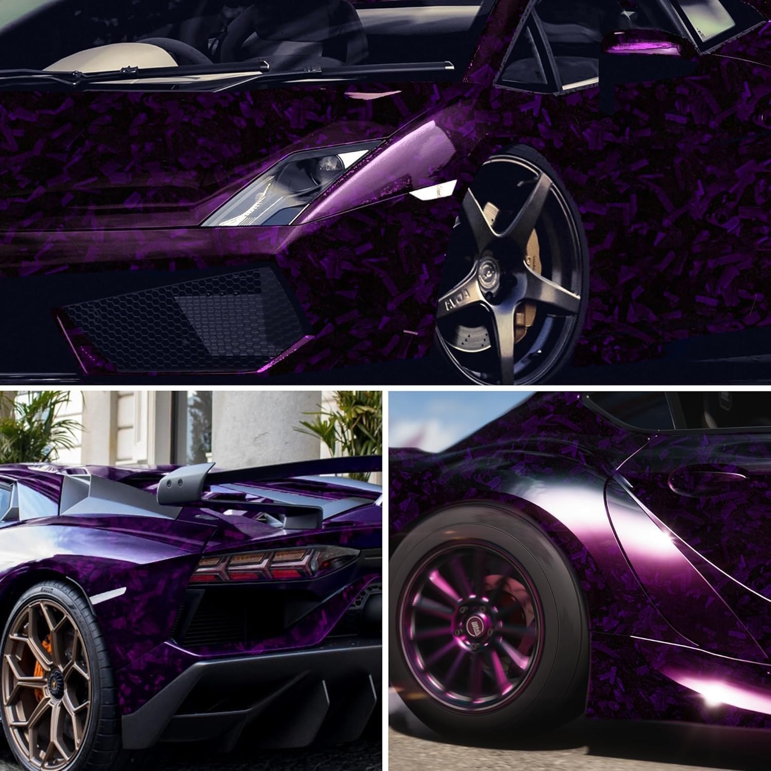 Purple Forged Carbon Fiber Vinyl Wrap, Foneso Self Adhesive Film, High Glossy Car Wrap Roll, Auto Interior Stickers Sheets Films Wraps Without Bubble for DIY Use 1ft x 5ft