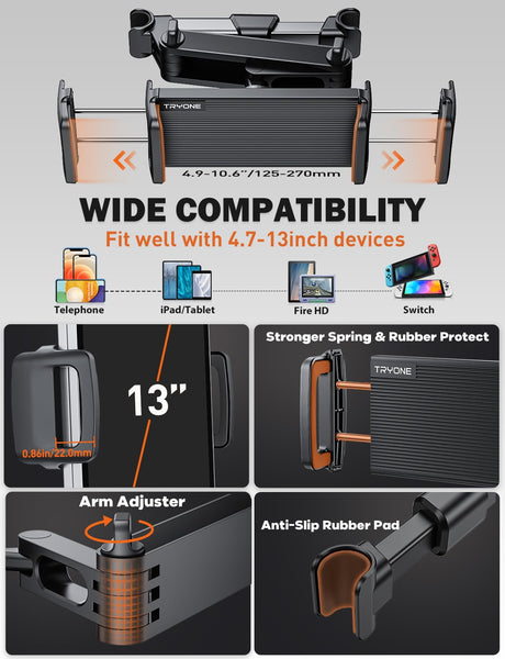 TRYONE Car Headrest Tablet Holder Mount Stretchable Backseat Tablets Stand for Kids, Car Seat Mounts Compatible with iPad Pro 12.9 Air Mini, iPhone, Galaxy Tab, Switch, All 4.7-12.9" Screen Devices