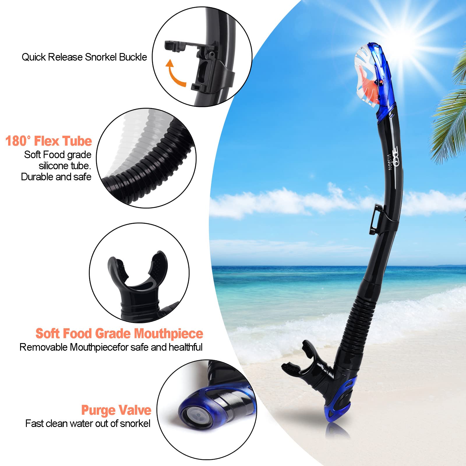 Dry Snorkel Set, Pano 3 Window Snorkel Mask, Anti-Fog Scuba Diving Goggles and Snorkel, Professional Adult Snorkeling Swim Mask Gear (Blue Set)