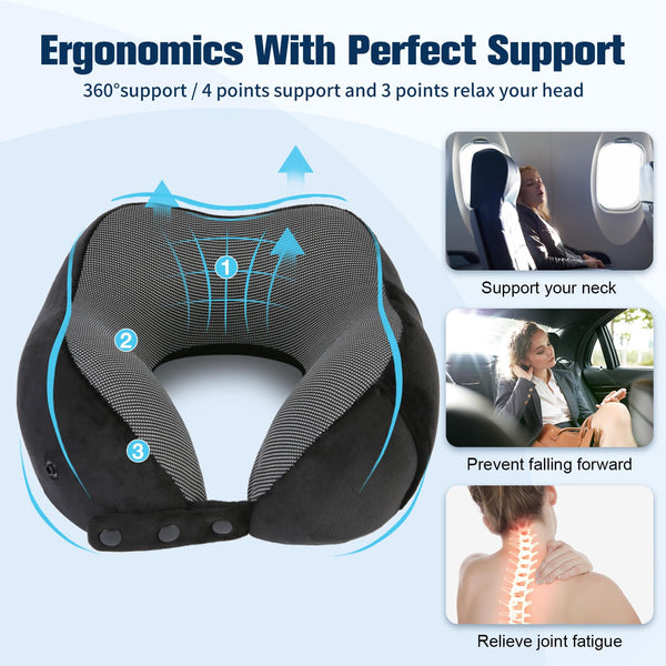 Cirorld Travel Pillow for Airplane, Neck Pillow for Travel, Memory Foam Travel Neck Pillow for Adults, Adjustable & Compact Flight Pillow, Ergonomic Neck Cushion, With Ear Plugs, Eye Mask, Carry Bag