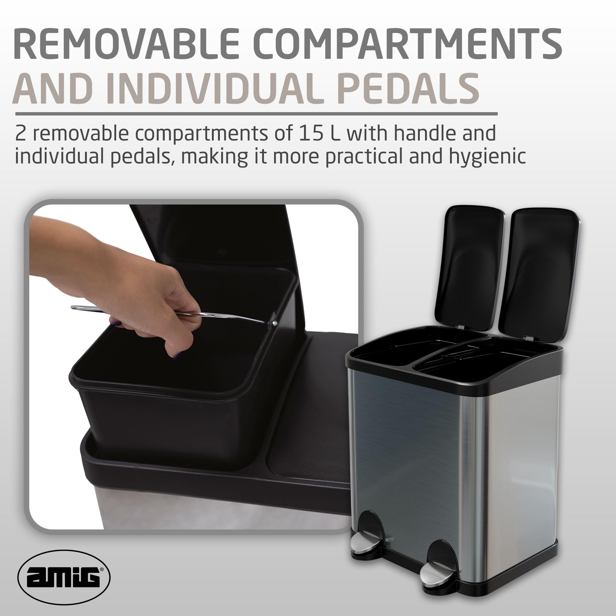 Amig - Double Recycling Bin with Pedals Mod. RECIK2 | Anti-smudge Kitchen Bin | Stainless Steel | 2 Compartments x 15 L | 48 x 32 x 40 cm | Silver and