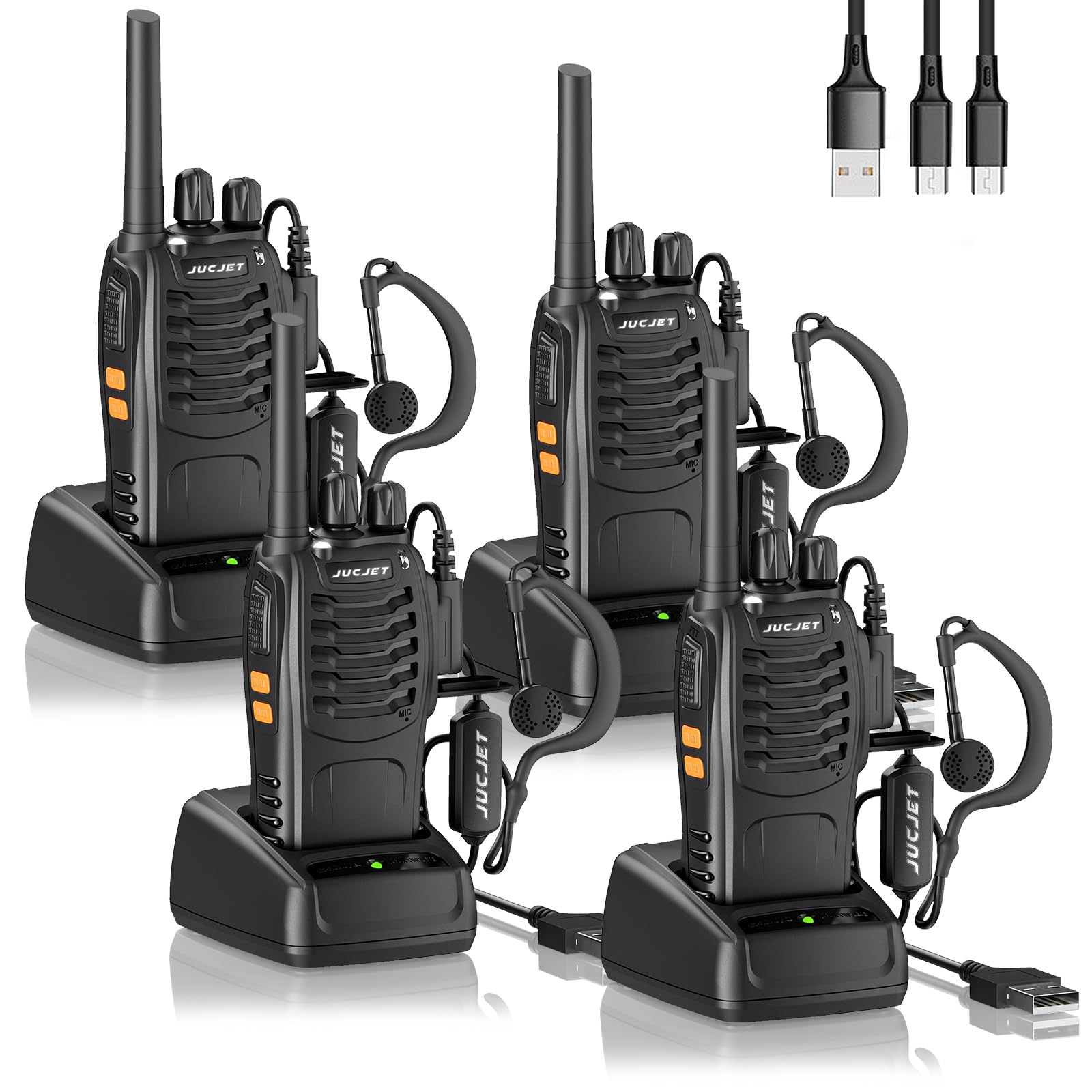 JUCJET Walkie Talkies 2023 Upgraded 88E Walkie Talkie Long Range for Adults with Earpieces, 16 Channel Handheld 2 Way Radio Rechargeable with Flashlight Li-ion Battery and Charger(4 Pack)