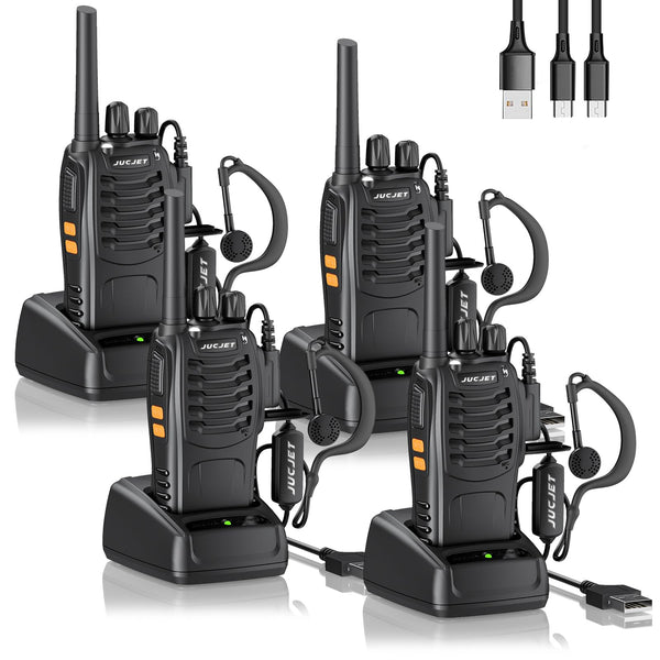 JUCJET Walkie Talkies 2023 Upgraded 88E Walkie Talkie Long Range for Adults with Earpieces, 16 Channel Handheld 2 Way Radio Rechargeable with Flashlight Li-ion Battery and Charger(4 Pack)