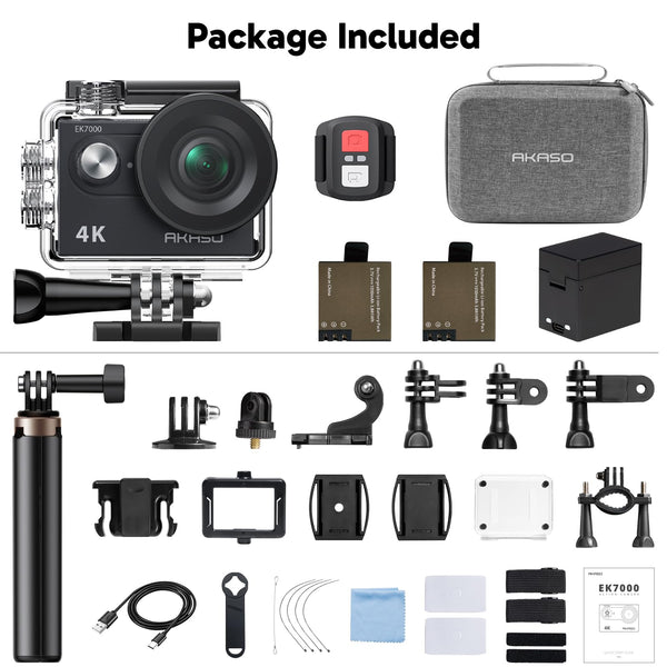 AKASO EK7000 Action Camera Floating Hand Grip Bundle - Includes 4K30FPS EK7000 Underwater Camera, Floating Hand Grip, 2 Batteries, Carrying Case, and Accessory Kits