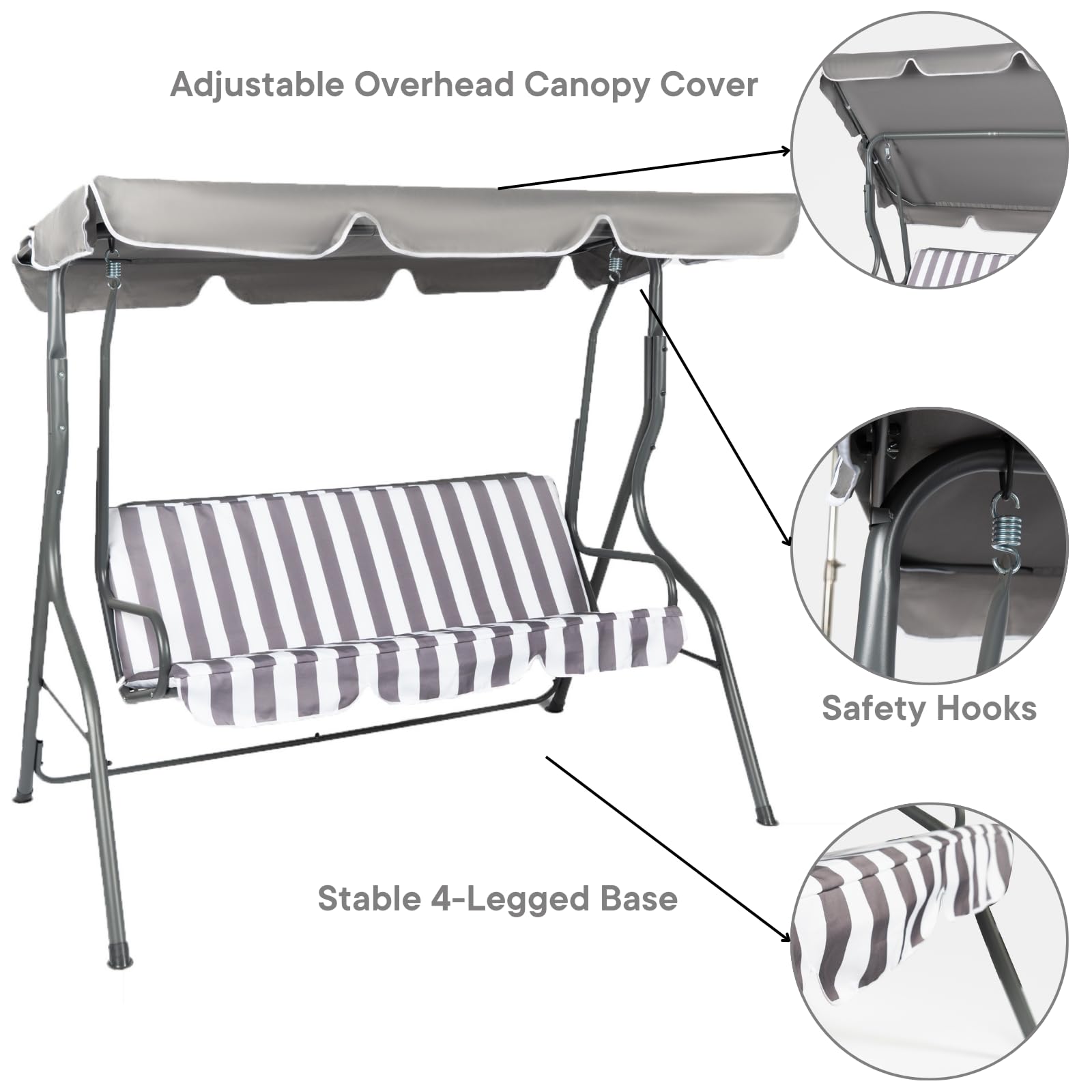 OHS Garden Swing Bench, 3 Seater Swing Seat Outdoor with Adjustable Canopy & Cushioned Seats Relaxing Comfy Outdoor Patio Hammock Bench, Grey/White Stripe