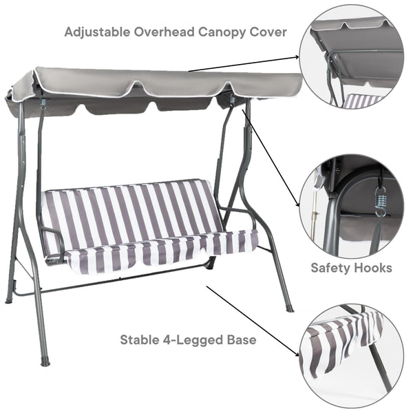 OHS Garden Swing Bench, 3 Seater Swing Seat Outdoor with Adjustable Canopy & Cushioned Seats Relaxing Comfy Outdoor Patio Hammock Bench, Grey/White Stripe