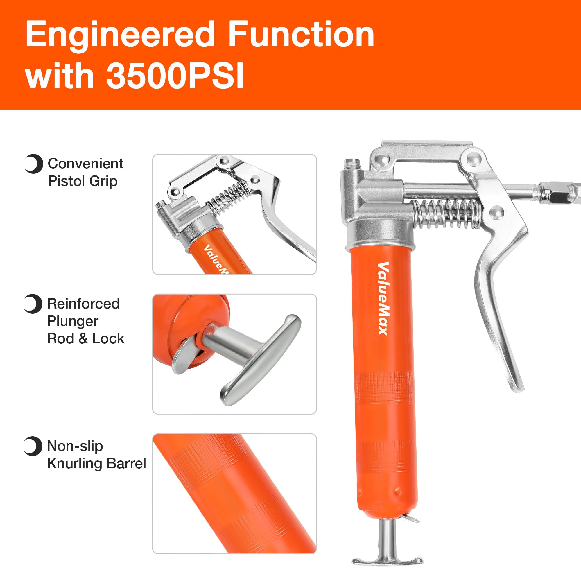 ValueMax Mini Grease Gun Kit, Pistol Grip 3500PSI Grease Gun with 85g Cartridge Grease, with Flexible Hose, Metal Pipes, Couplers and Nozzles