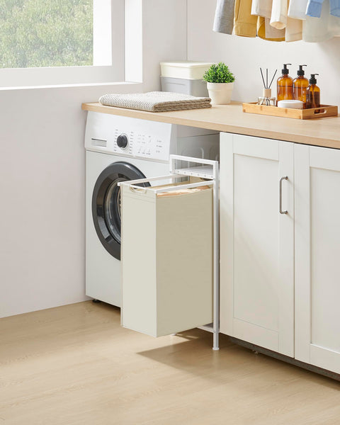 VASAGLE Laundry Basket, Laundry Hamper, Pull-Out and Removable Liner Bag, Shelf, Metal Frame, 65 L, 50 x 33 x 72 cm, Ink Black and Rustic Brown BLH101B01