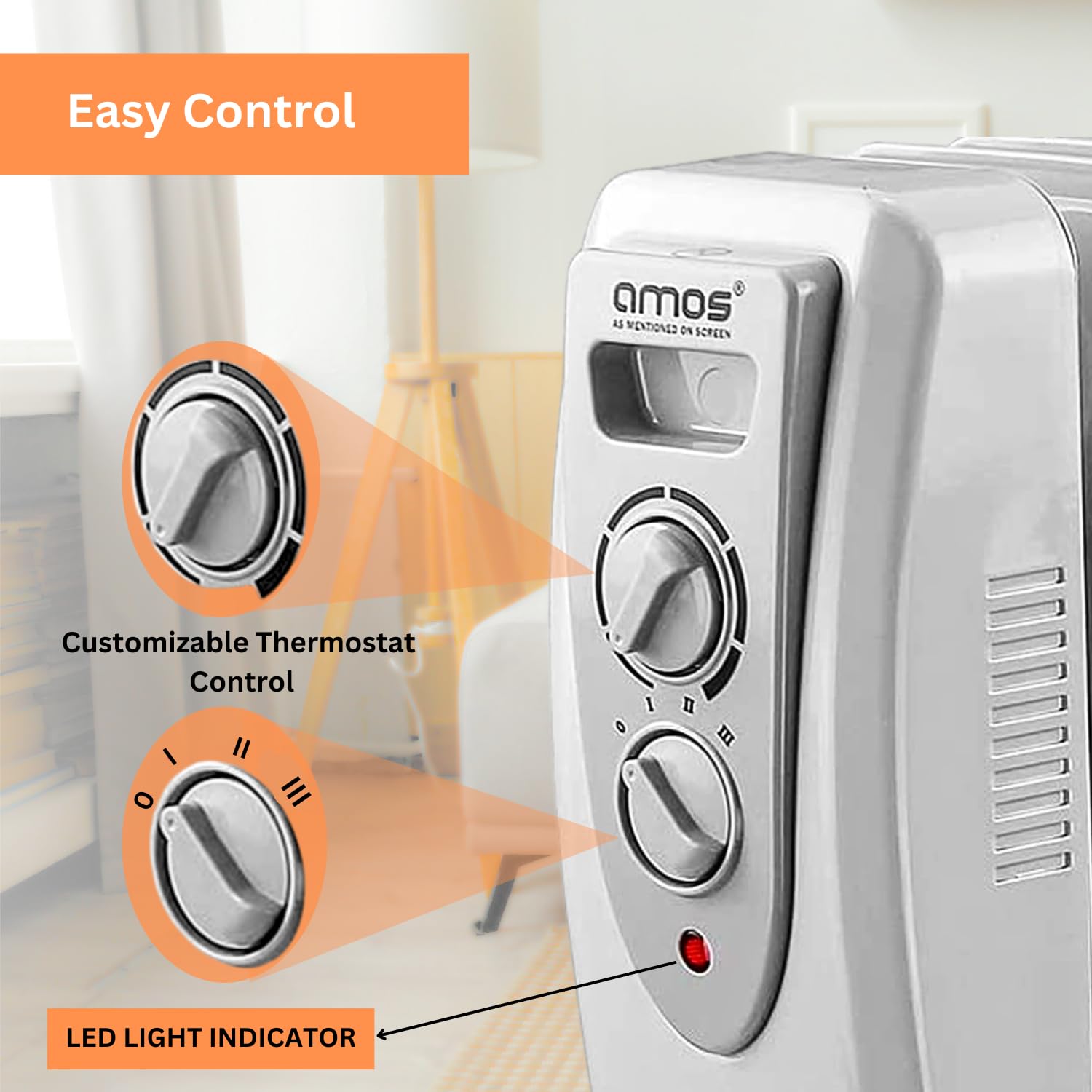 AMOS 1500W Electric Oil Filled Radiator Heater 7-Fin Portable Thermostat Heating Appliance with 3 Heat Settings, Safety Shut Off, and Power Indicator Light