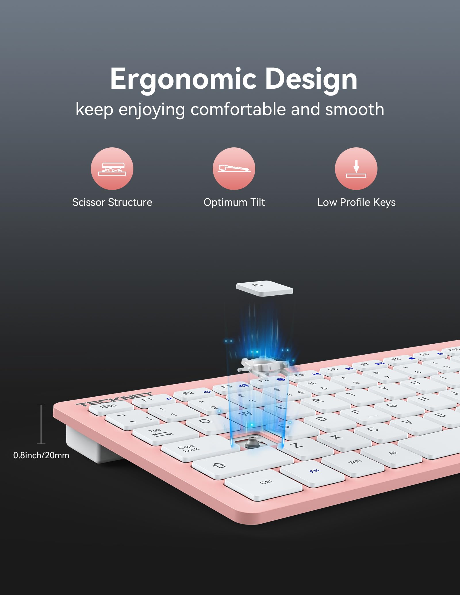 TECKNET 2.4G Wireless Keyboard For Windows/Chrome OS, UK Layout Compact Mini Keyboard, Small Silent Whisper-Quiet Keyboards with 12 months Battery Life (Pink)