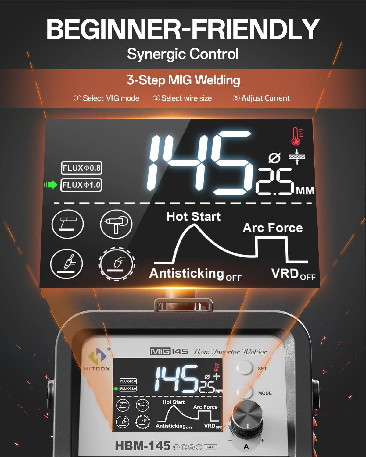 HITBOX MIG Welder 240V, 200Amp 7 in 1 Gas MIG/Gasless MIG/Stick/Lift TIG/Spot Welding/Spool Gun Aluminum Welder Machine, Multi Process Synergy Welding Machine with LED Display Pre/Post Gas(MIG200III)