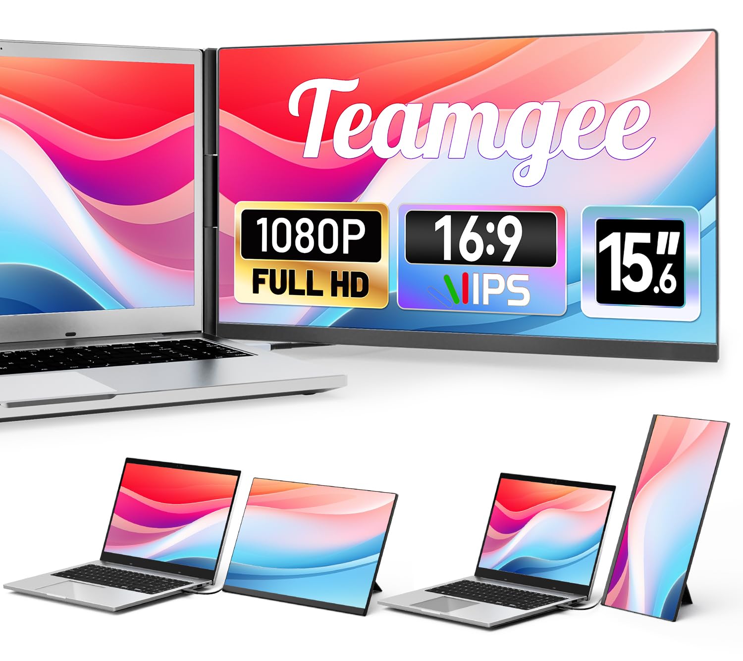 Teamgee 15.6” Laptop Screen Extender, 1080P FHD IPS Portable Monitor Compatible with 13”-17”Laptops, Slim Bezel-less Screen Extender with Detachable, Plug-Play for Mac, Windows, Android & Chrome
