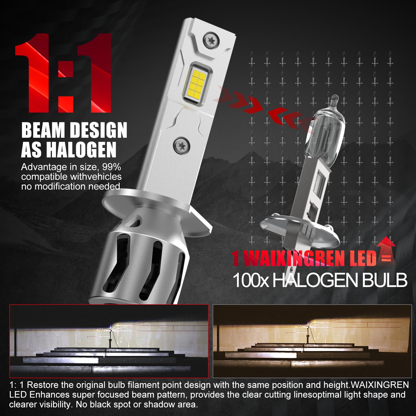 WAIXINGREN H4 Led Headlight Bulbs, 6500K Cool White, 60W 26000LM H4 Headlight Bulbs led with Fan, No Adapter Required, Plug and Play Easy Installation, Pack of 2 (H4/9003/HB2)