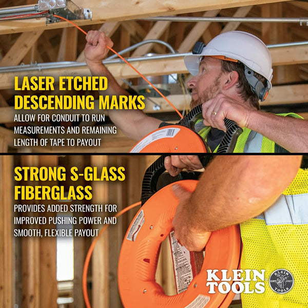 KLEIN TOOLS 56382 Fish Tape, Multi-Groove Fiberglass Wire Puller with Nylon Tip, Optimized Housing and Handle,Orange/Black, 15 m