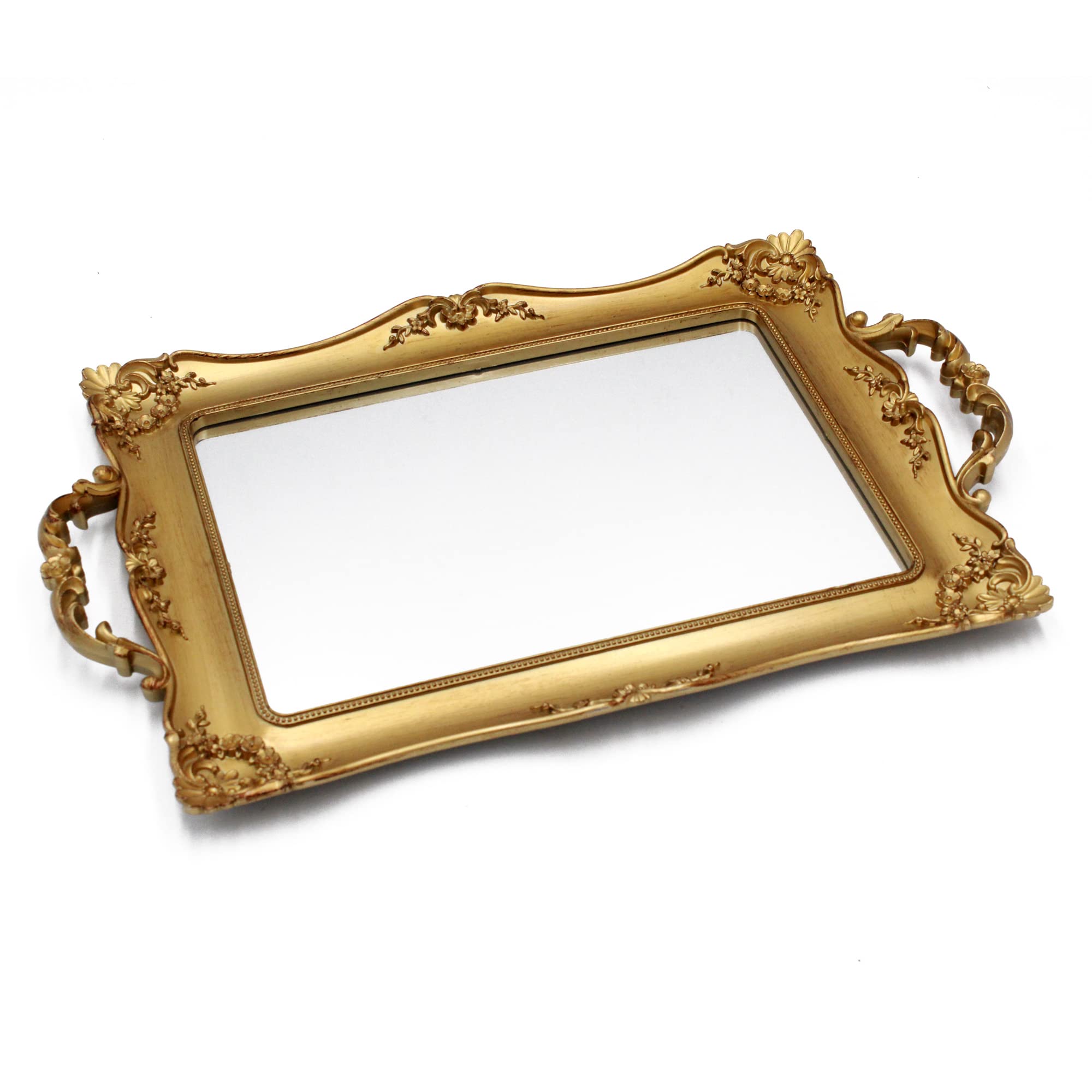 Tstarer Antique Decorative Gold Framed Square Mirror Tray, Jewelry & Cosmetics Organizer for Dresser, Square - 9.5" W x 14.5" L (Golden)