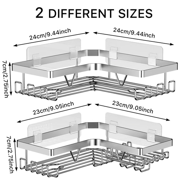 Kegii Telescopic Shower Caddy Corner - Stainless Steel Shower Shelf No Drilling Bathroom Caddy with Soap Holder and Hooks(White), On The Bath or Stand Up Shower