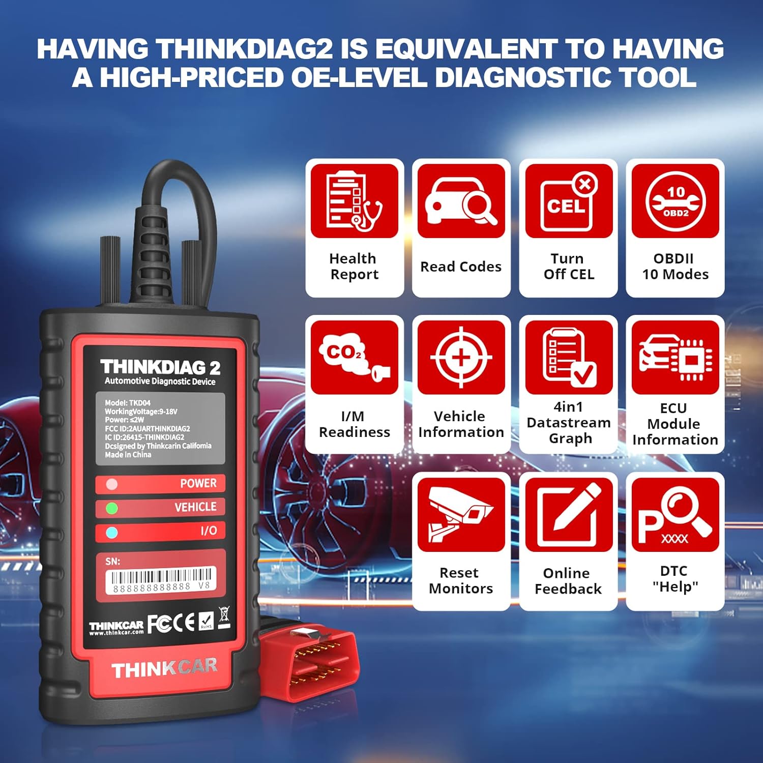 thinkcar OBD2 Diagnostic Tool,ThinkDiag 2 OBD2 Scanner Bluetooth 5.0 for iOS & Android, All System & 15+ Reset Functions, Car Diagnostic Tool with CAN-FD Protocol, AutoVIN, Active Test, ECU Coding