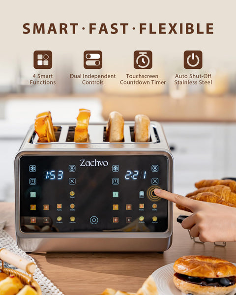 ZACHVO Toaster 4 Slice with Independent Dual Controls & Extra-Wide 1.45" Slots – Smart Touchscreen Toasters with 6 Browning Levels, Auto Shutoff, Defrost & Reheat, Sandwich Clip & Warming Rack