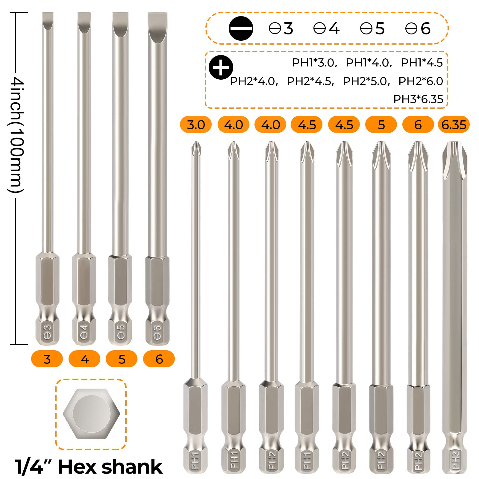 Hakkin 12PC Screwdriver Bits Set - S2 Steel, Magnetic, 3 Inch Slotted & Phillips, 1/4" Hex Shank for Power Screwdriver, Drill, Impact Driver