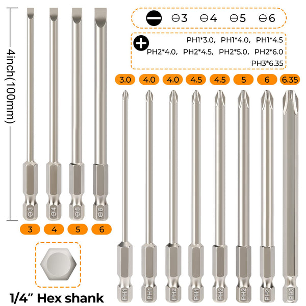 Hakkin 12PC Screwdriver Bits Set - S2 Steel, Magnetic, 3 Inch Slotted & Phillips, 1/4" Hex Shank for Power Screwdriver, Drill, Impact Driver