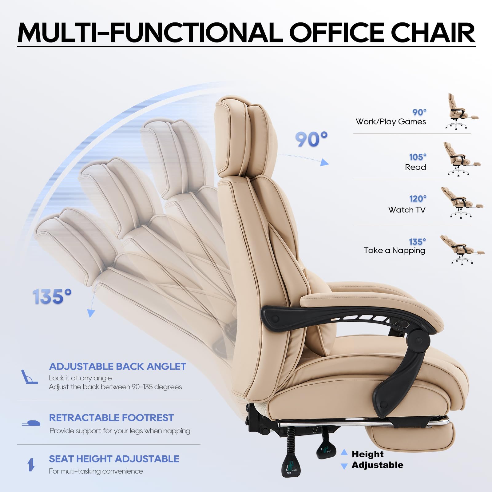 COLAMY Executive Office Chair with Footrest - Ergonomic High Back Design, Thick Bonded Leather Computer Chair with Removable Lumbar Pillow, Recliner Desk chair for Home Office Work Comfort (Black)